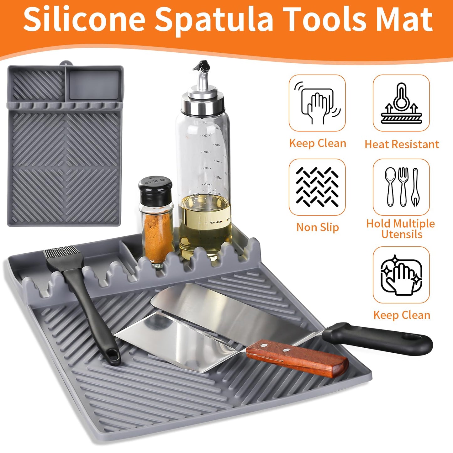 Griddle Mat Barbeque Grill Accessories Tools for Blackstone, Side Shelf Mat Grill Pad for Outdoor Grill Kitchen Counter Spatula Silicone Mat with Drip Pad for Kitchen, Cooking, Countertop (Orange)