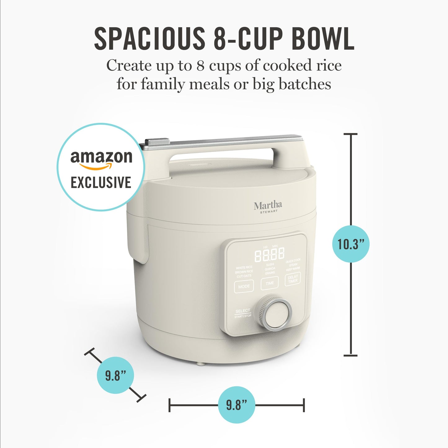 Martha Stewart Rice Cooker, 4 Cup (Uncooked) / 8 Cup (Cooked), Ceramic Non-Stick Removable Pot, Keep Warm, Measure Markings, Steam Basket, Brown & Sushi Rice, Quick Cook, Quinoa, Grains, Oats, Caviar Gray
