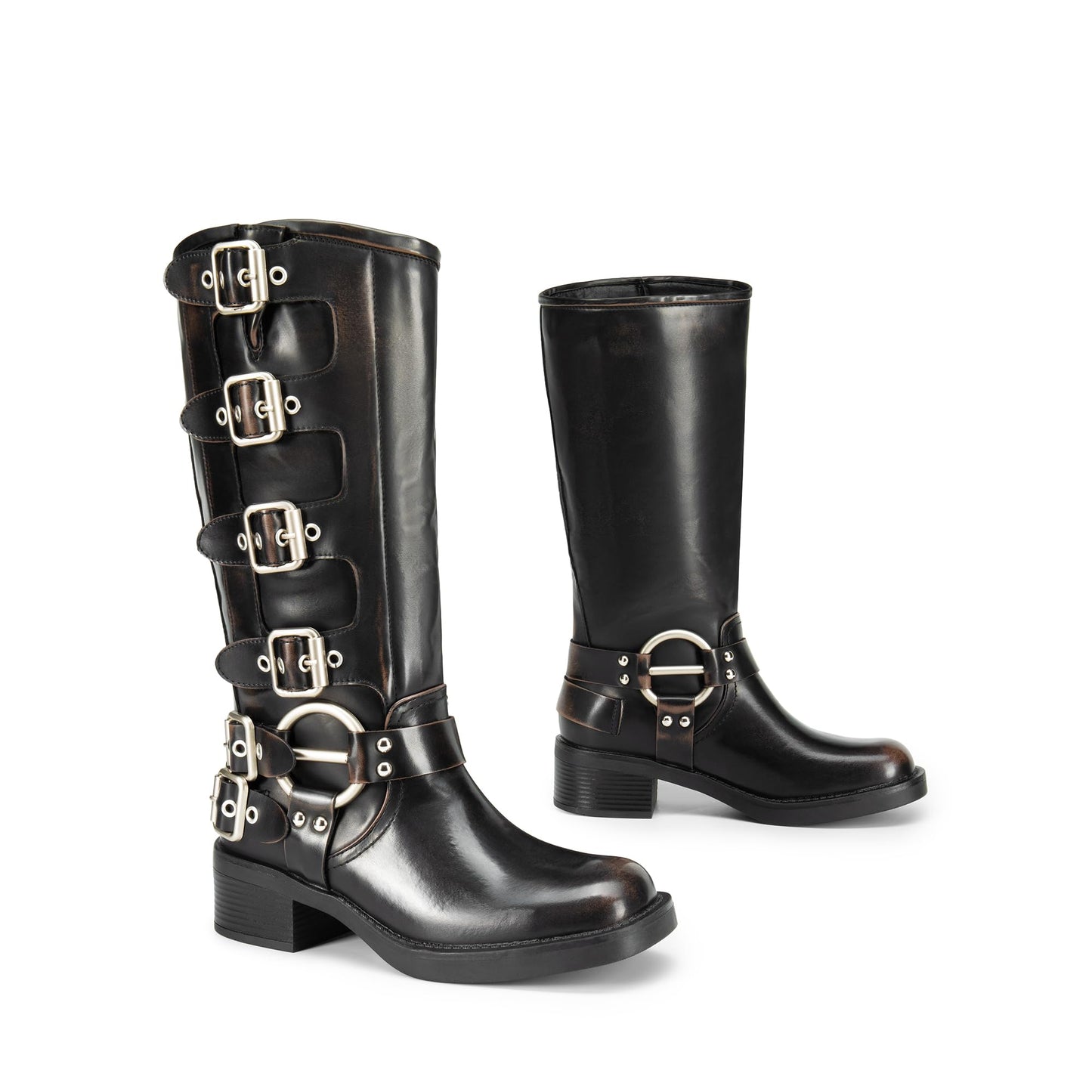 DREAM PAIRS Women's Knee High Riding Boots Slip On Motorcycle Boots Square Toe Chunky Heel Fashion Buckles Biker Boots