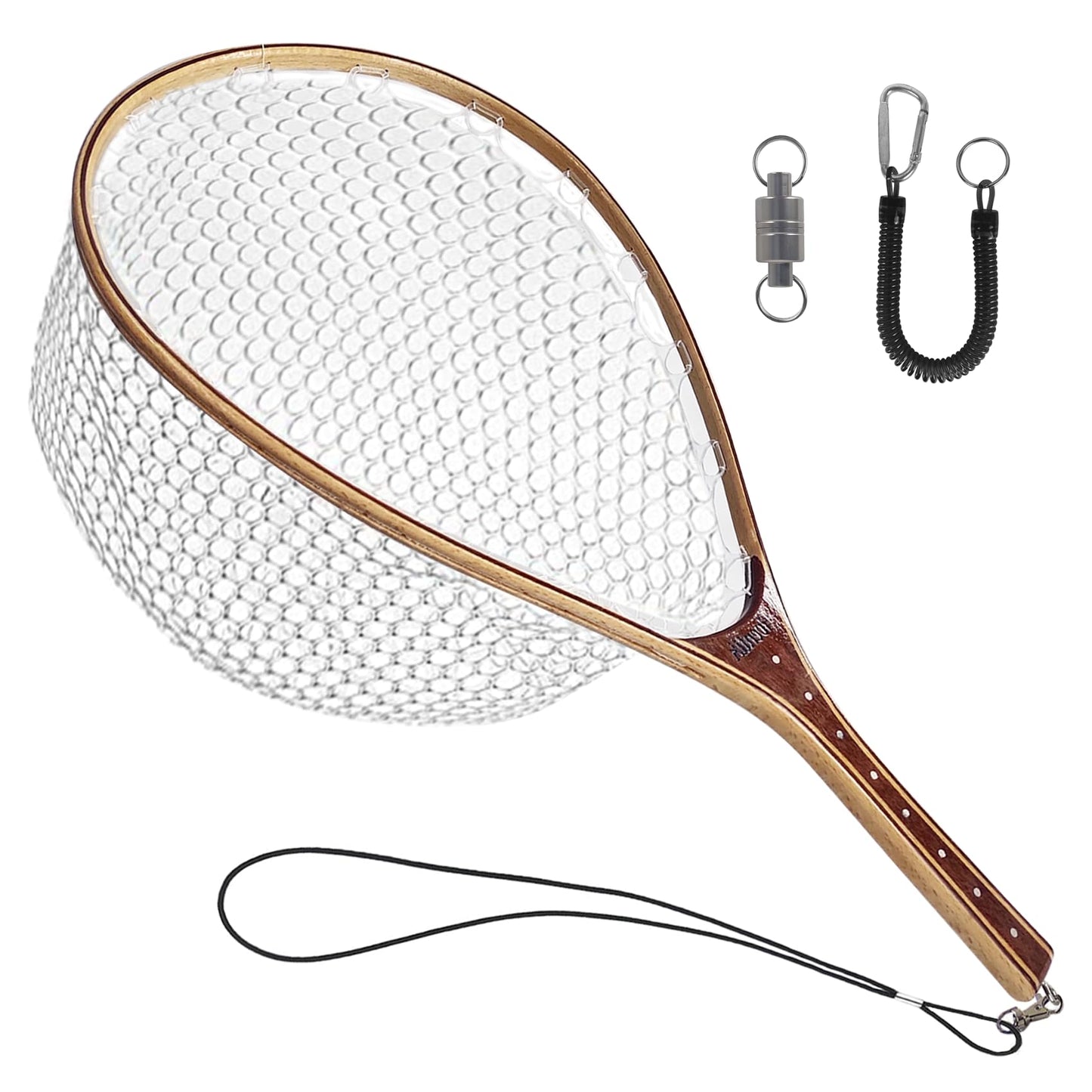 Aventik Fly Fishing Landing Net Trout Fishing Wooden with Measuring Mark Soft Rubber Net Bag Catch & Release