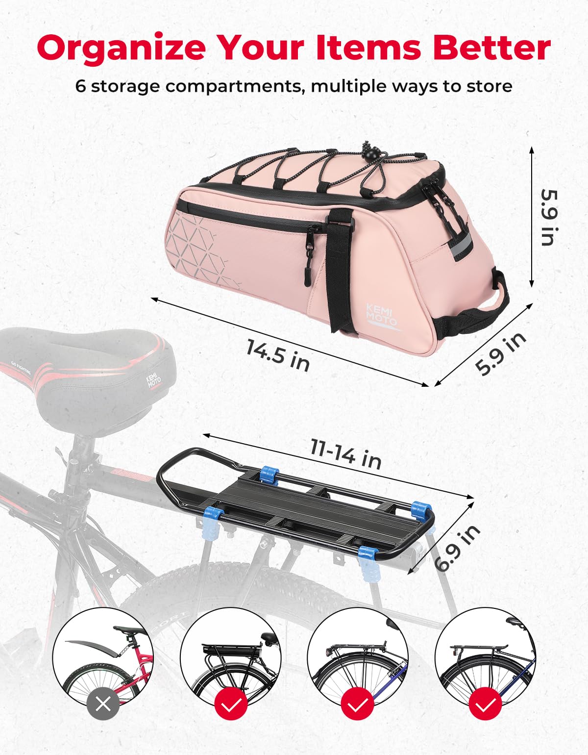 KEMIMOTO Rear Bike Rack Bag - 8L PVC Water Resistant Ebike Bags for Bicycle Rear Rack, Bicycle Trunk Pannier for Commuter Travel Shopping and Cycling (Black)