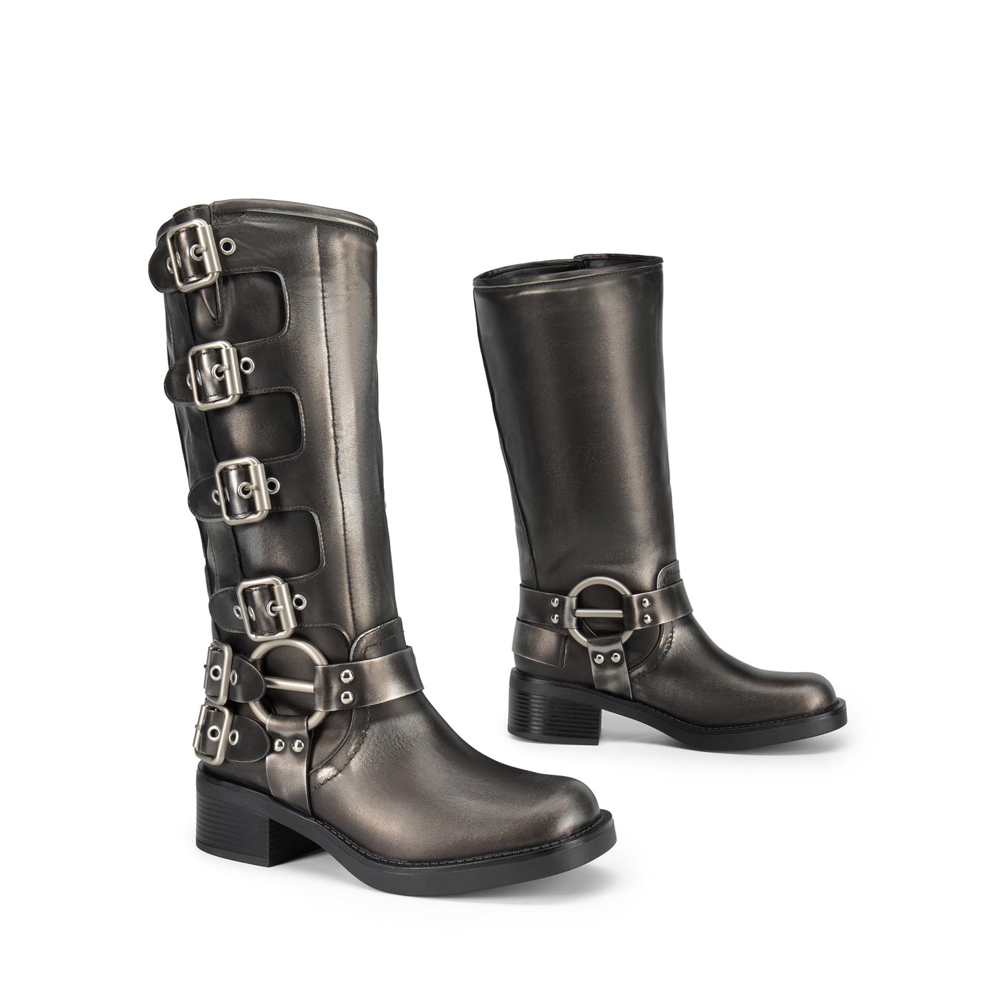 DREAM PAIRS Women's Knee High Riding Boots Slip On Motorcycle Boots Square Toe Chunky Heel Fashion Buckles Biker Boots
