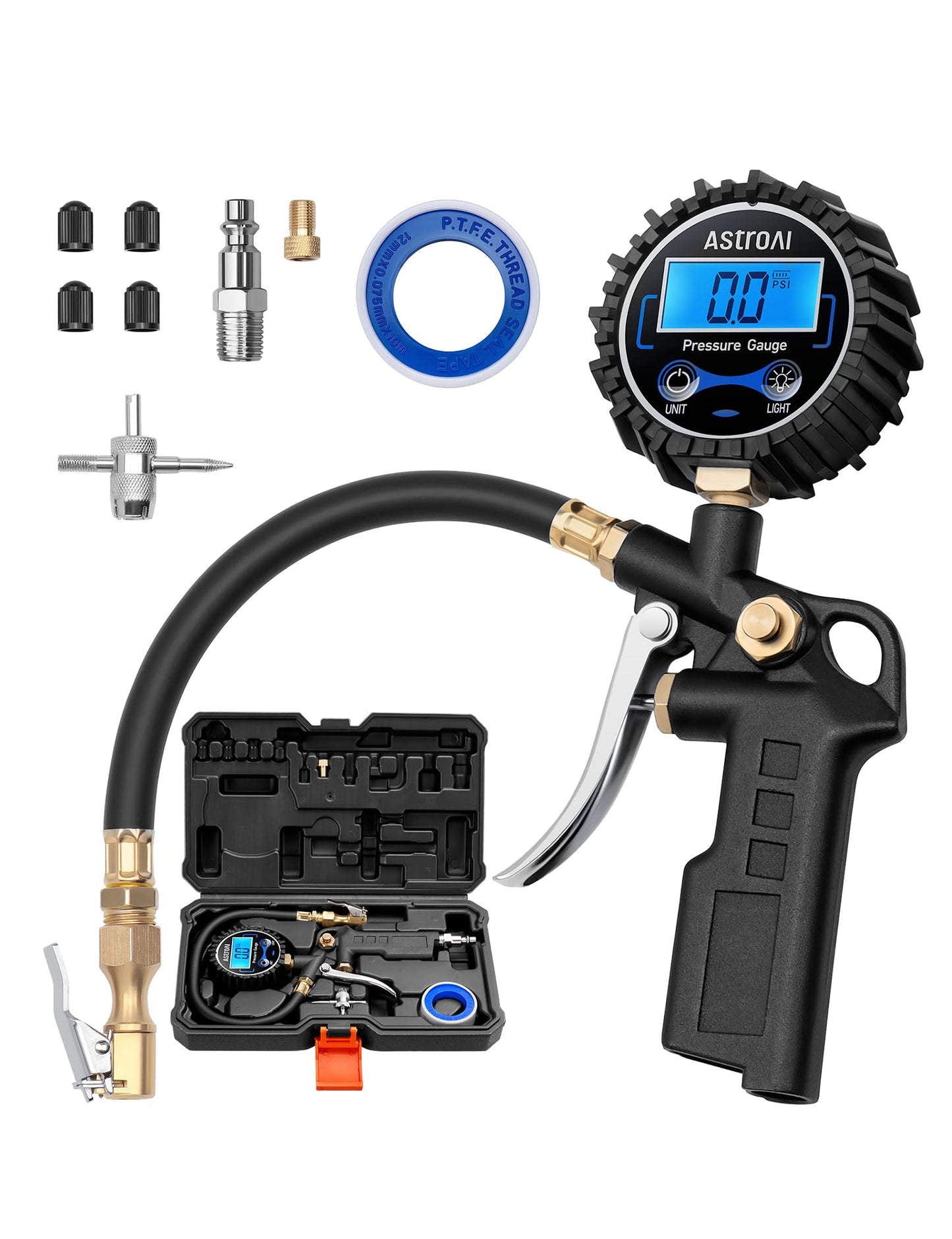 AstroAI Digital Tire Pressure Gauge with Inflator, 3-250 PSI Air Chuck & Compressor Accessories Heavy Duty with Quick Connect Coupler, 0.1 Display Resolution, 1pack