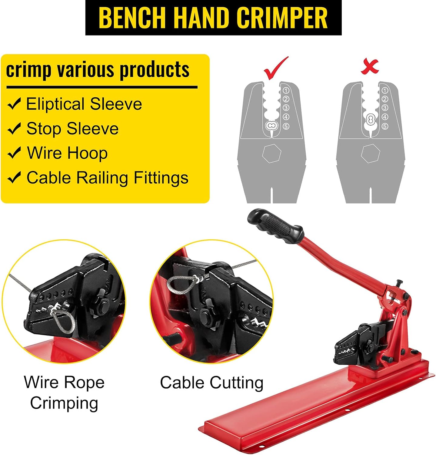 VEVOR Bench Swager Tool 24" Wire Rope Swaging Tool w/Crimper Cable Bolt Cutter Head Bench Crimper 1/16"-3/16" Aluminum/Copper Sleeves Bench Cable Alloy Steel Crimper Swager for1/2" Wire Rope Ferrules