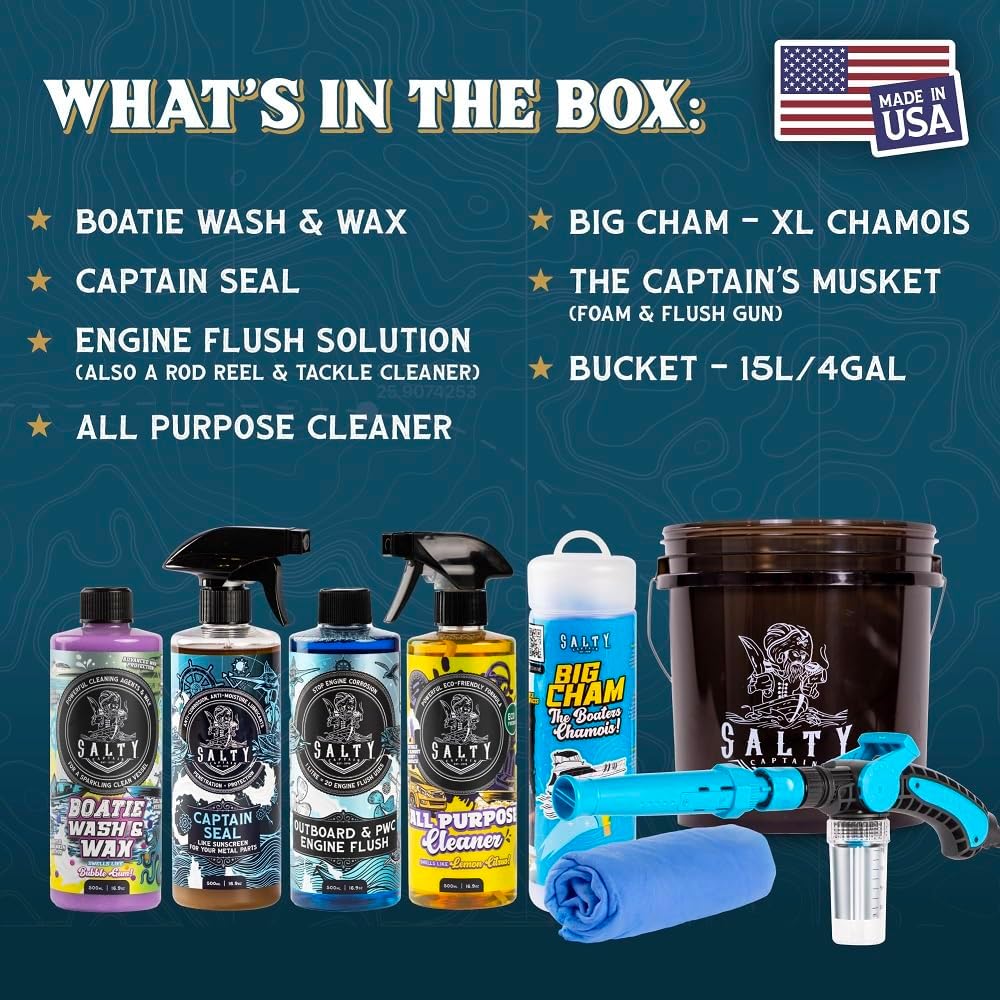 Salty Captain Boat Wash Kit – All-in-One Boat Cleaning Starter Box with Premium Marine-Grade Products & Bucket – Includes Boat Wash N Wax, Hose Foam Cannon & Engine Flush – Eco-Friendly & Easy to Use