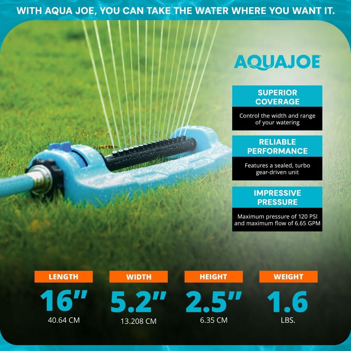 Aqua Joe SJI-OMS16 Indestructible Metal Base Oscillating Sprinkler with Adjustable Spray, 3600-Square Foot Coverage
