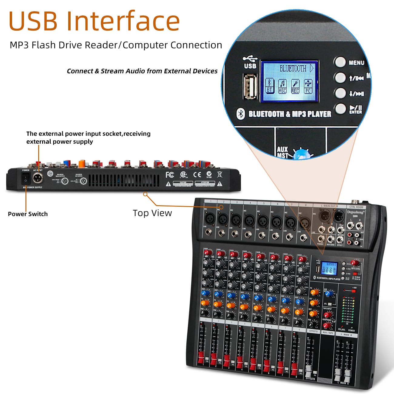 Depusheng DX8 Professional Mixer Sound Board Console 8 Channel Desk System Interface Digital USB MP3 Input 48V Phantom Power Stereo DJ Studio FX Steel Chassis,Black Bluetooth USB Audio Mixer for PC