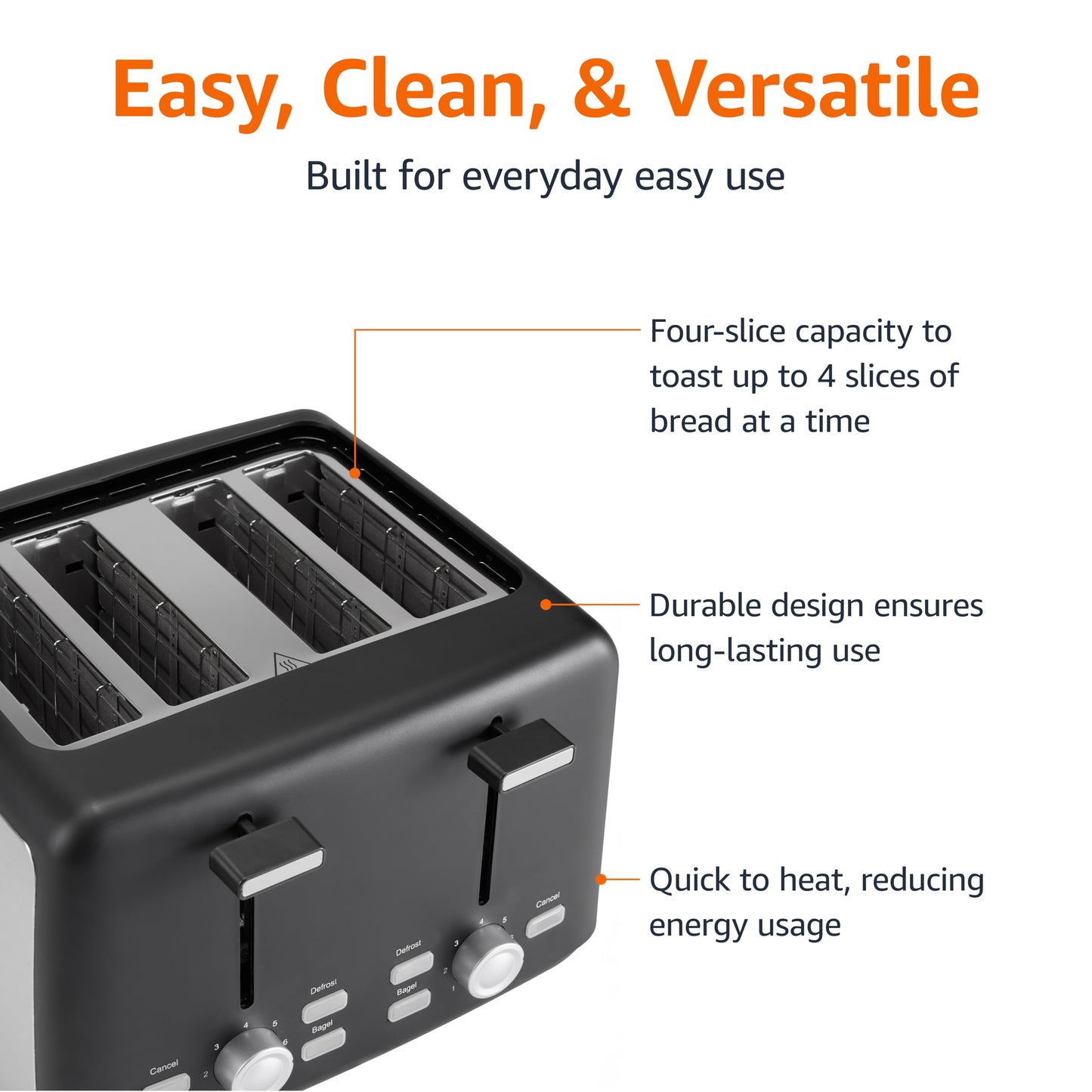 Amazon Basics 4 Slice Toaster, 7 Browning Settings, Extra Wide Slots for Bagels and Specialty Breads, Removable Crumb Tray, Cancel/Defrost/Bagel Buttons, 1500W, Black & Silver