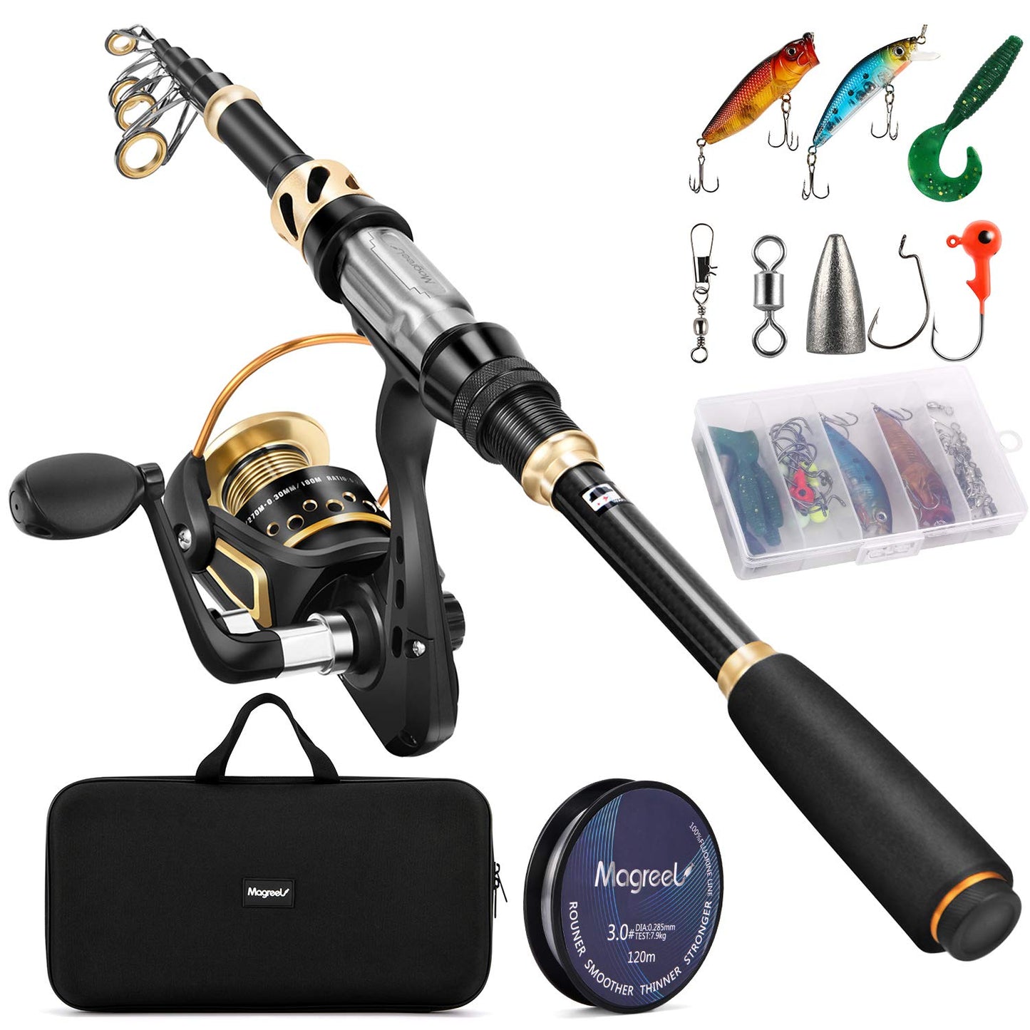 Fishing Rod and Reel Combo Telescopic Pole Set with Fishing Line, Fishing Lures Kit and Carrier Bag for Sea Saltwater Freshwater, 6/7/8/9 Feet