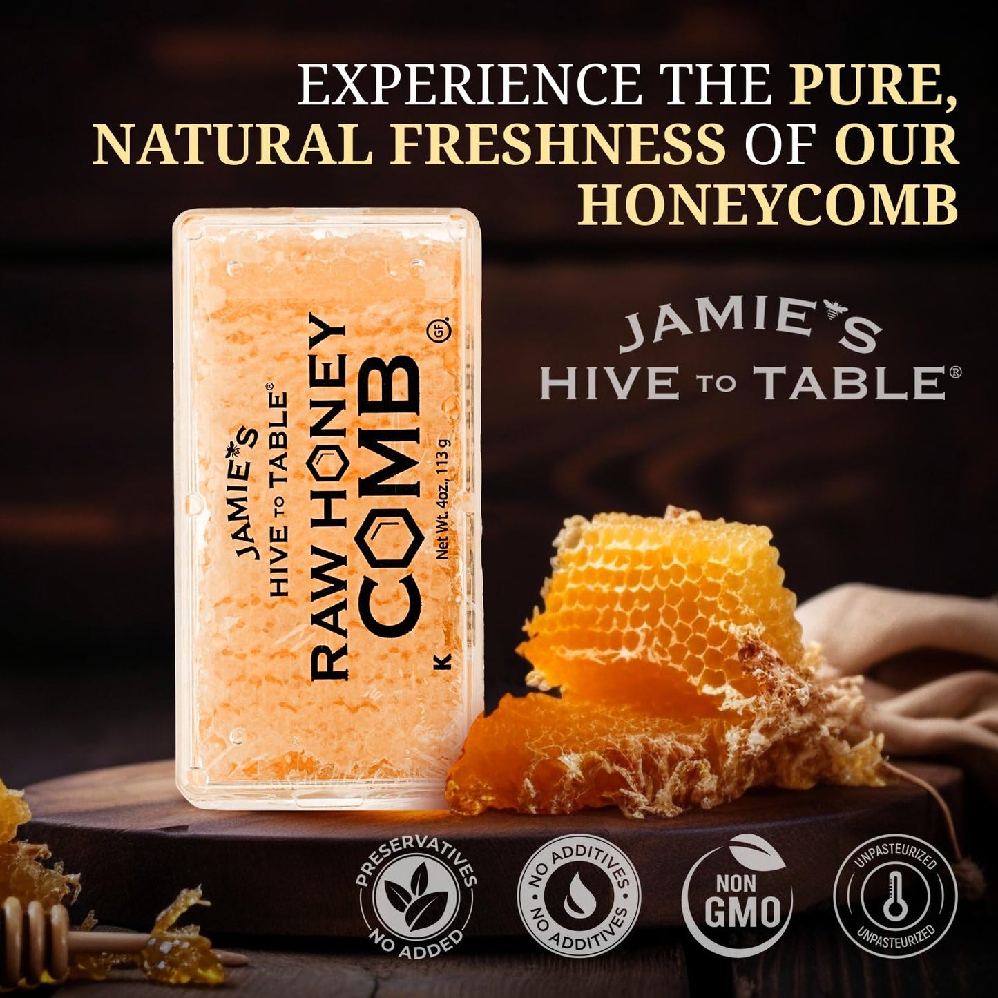 Jamie's Hive To Table 100% Raw Honeycomb, 12 Oz – All-Natural Pure Georgia Honeycomb, No Additives or Preservatives, Non-GMO