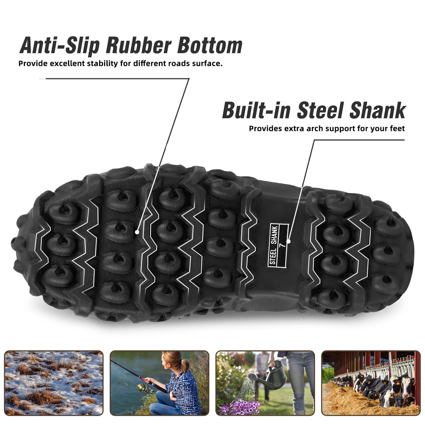 Rubber Boots for Women with Steel Shank, 6mm Neoprene Mid Calf Rain Boots, Waterproof Insulated Mud Work Boots All Season, Size 5-11