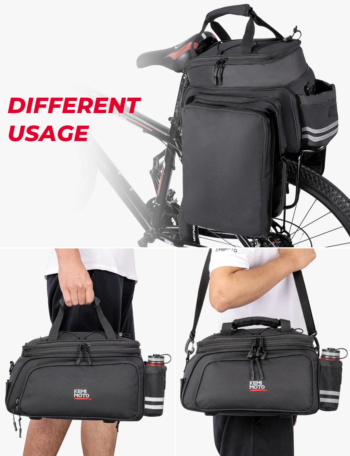 KEMIMOTO Bike Rear Rack Bag Bicycle Trunk Bag 20L Capacity Water Resistant Multifunctional Bicycle Pannier with Rain Cover Bike Saddle Bag for Rear Rack Grocery Shopping Commuter Cycling Trip Black