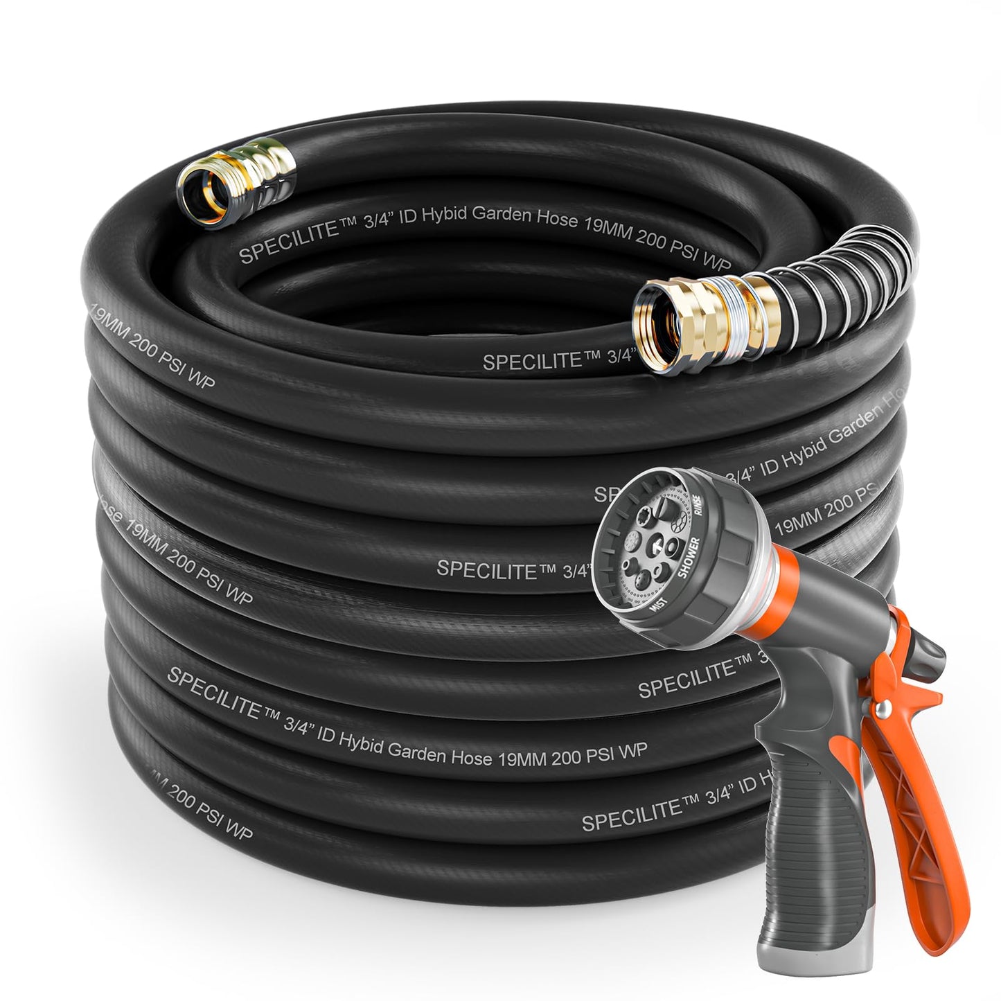 Garden Hose 50 ft x 5/8 in Heavy Duty, Flexible and Lightweight Water Hose, Burst 600 psi, Kink-less Hybrid Rubber Hose for Backyard, 3/4'' Brass Fittings