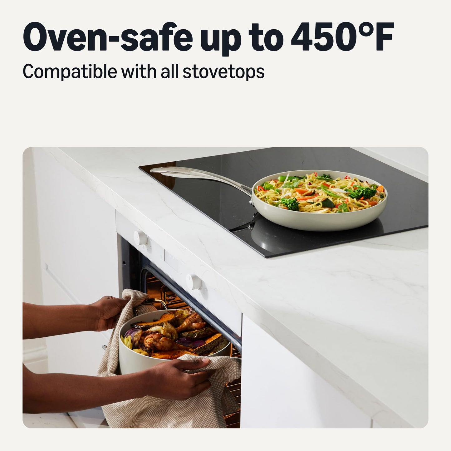 Amazon Basics Ceramic Nonstick Cookware, 8-Piece Set of Pots and Pans, Dishwasher and Oven-Safe, All Cooktop Friendly, Linen Gray