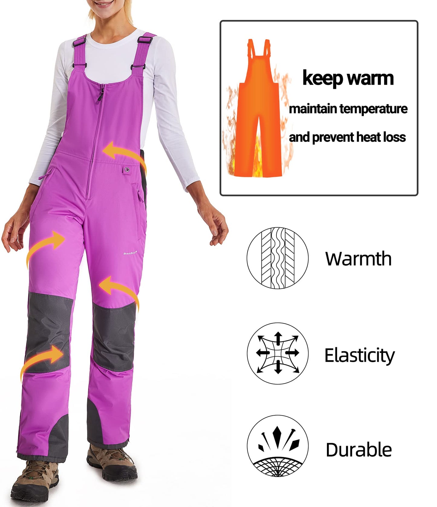 BenBoy Women's Snow Bibs Ski Waterproof Windproof Insulated Overalls Ripstop Snowboard Pants Winter