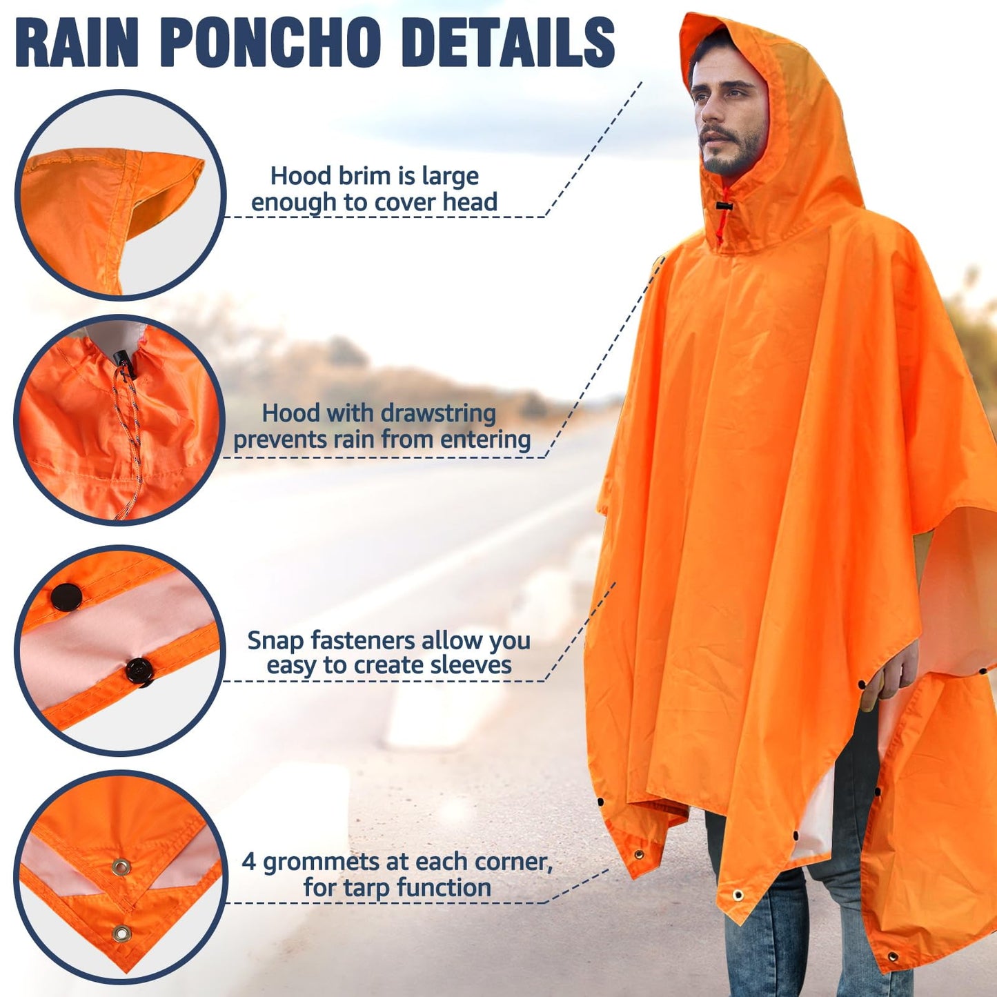 ANYOO Hooded Rain Poncho for Adults Waterproof Lightweight Rain Coat for Men Women Reusable Rain Jacket for Emergency Outdoor