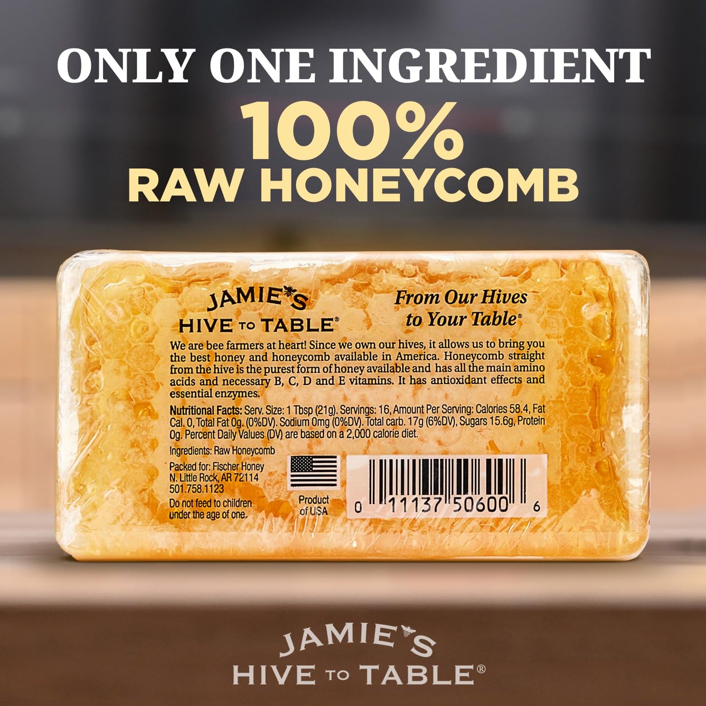 Jamie's Hive To Table 100% Raw Honeycomb, 12 Oz – All-Natural Pure Georgia Honeycomb, No Additives or Preservatives, Non-GMO