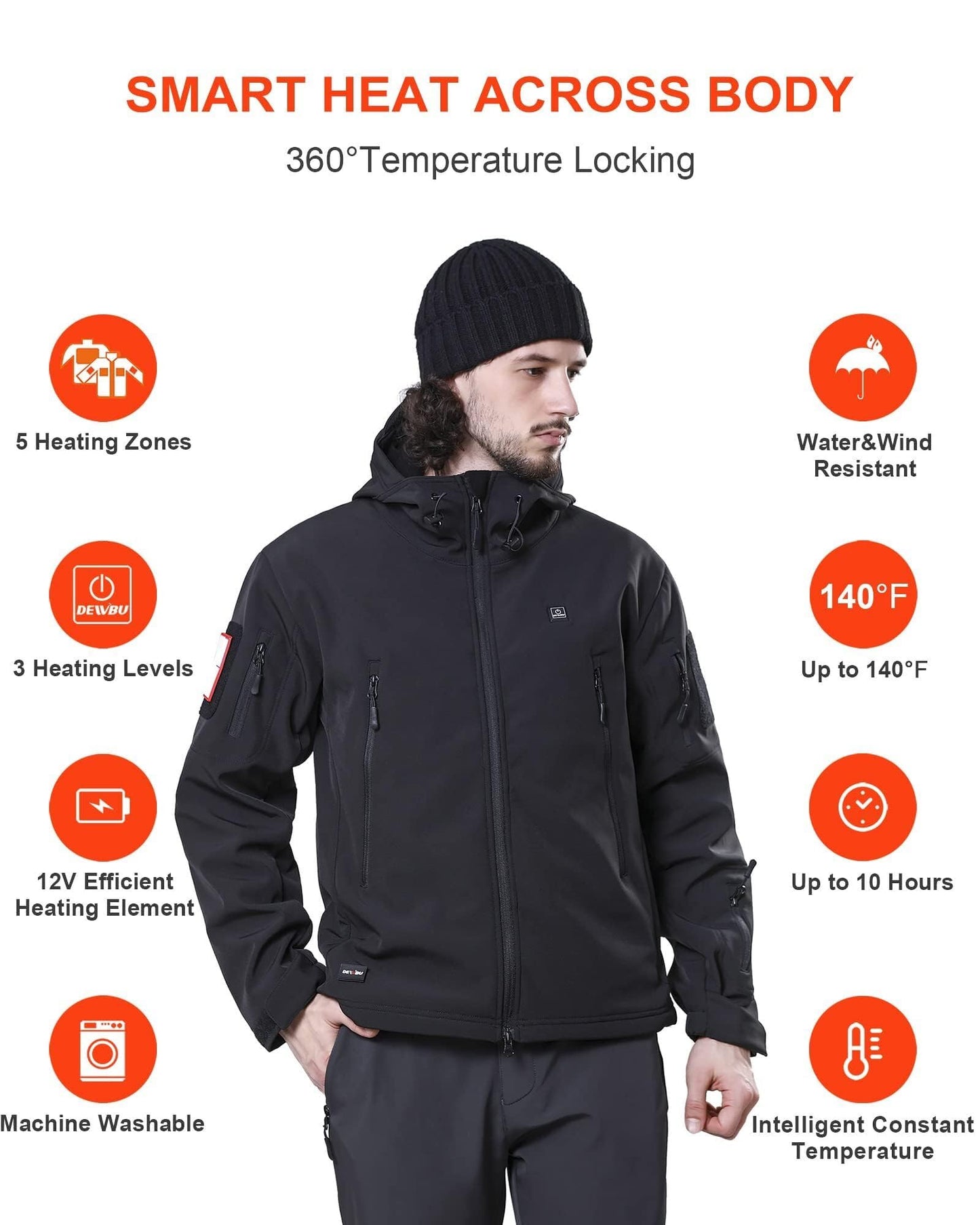DEWBU Heated Jacket for Men with 12V Battery Pack Winter Outdoor Soft Shell Electric Heating Coat