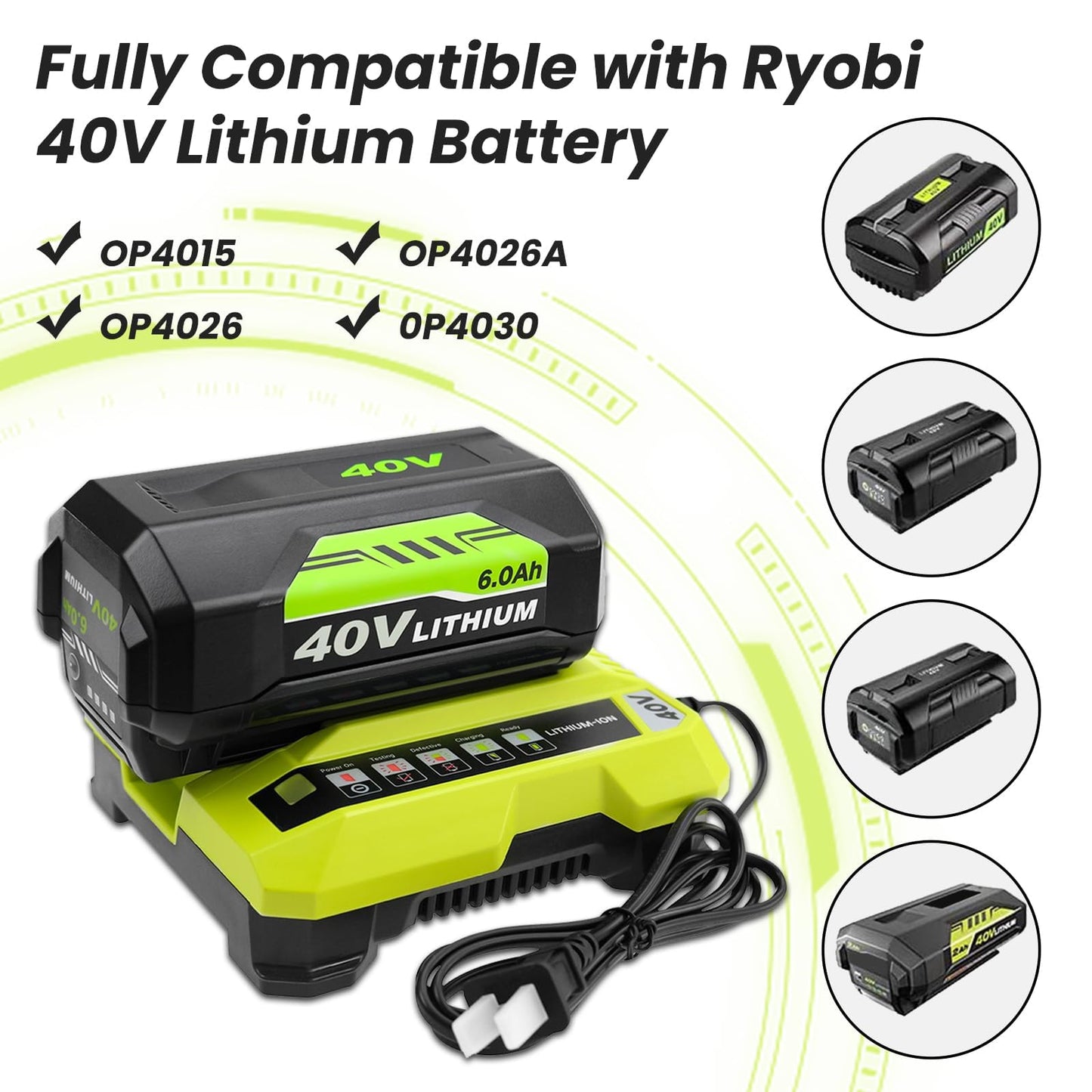 2Pack 40v 6000mAh Replacement for Ryobi 40V Battery 6.0Ah Compatible with Ryobi 40 Volt Battery Lithium OP4026A OP4015 OP4040 OP40201 OP4050A OP4015 OP40261 OP4030 OP40401 OP4060 Power Tools (Green)