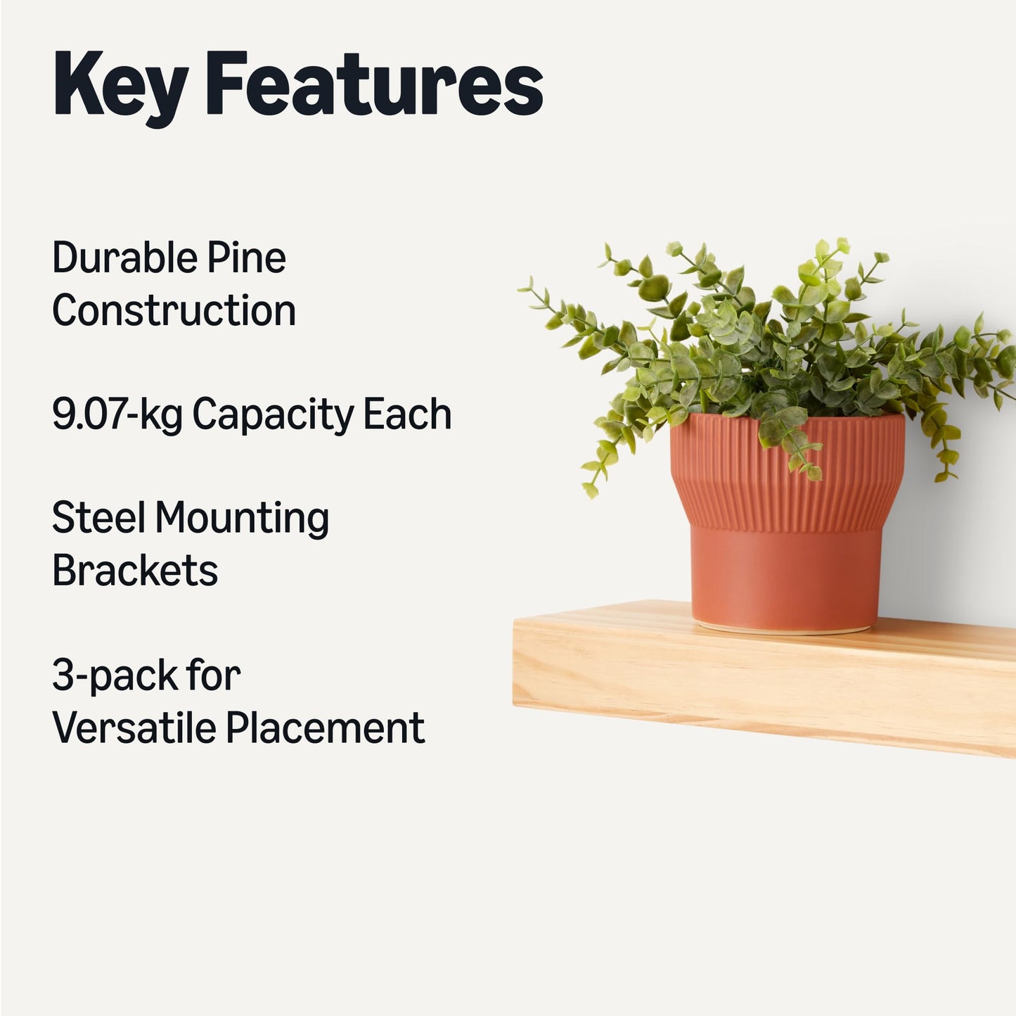 Amazon Basics Wood Floating Wall Shelves, 3-Pack, Pine, 15.8" x 5" x 1.8", Natural Wood Finish