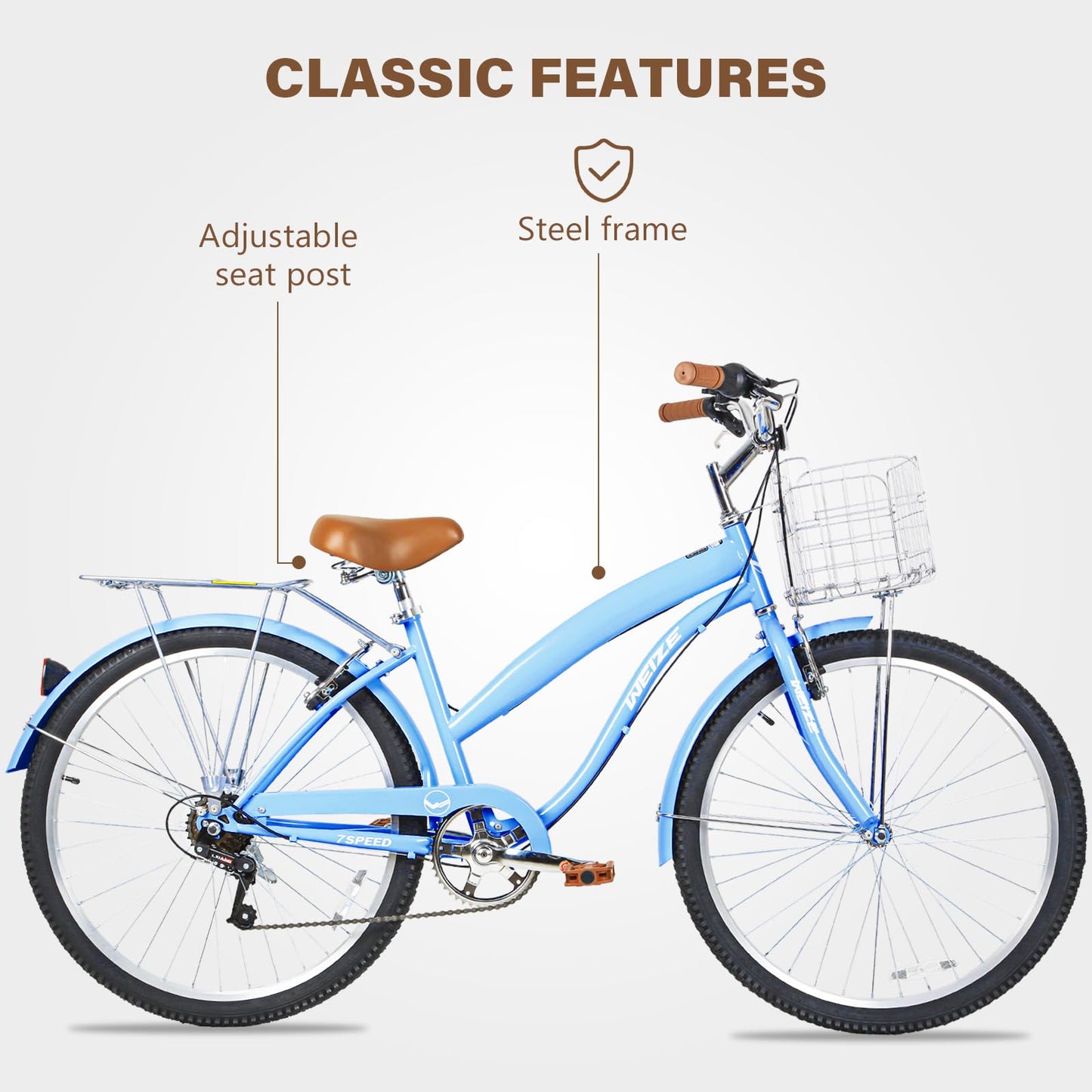 WEIZE Beach Cruiser Bike, 26 inch Commuter Bicycle for Adult Men and Women, 7-Speed/High-Carbon Steel/Front & Rear Fenders, Comfortable City Bikes with Rear Rack&Basket, Ergonomic Upright Design, Blue