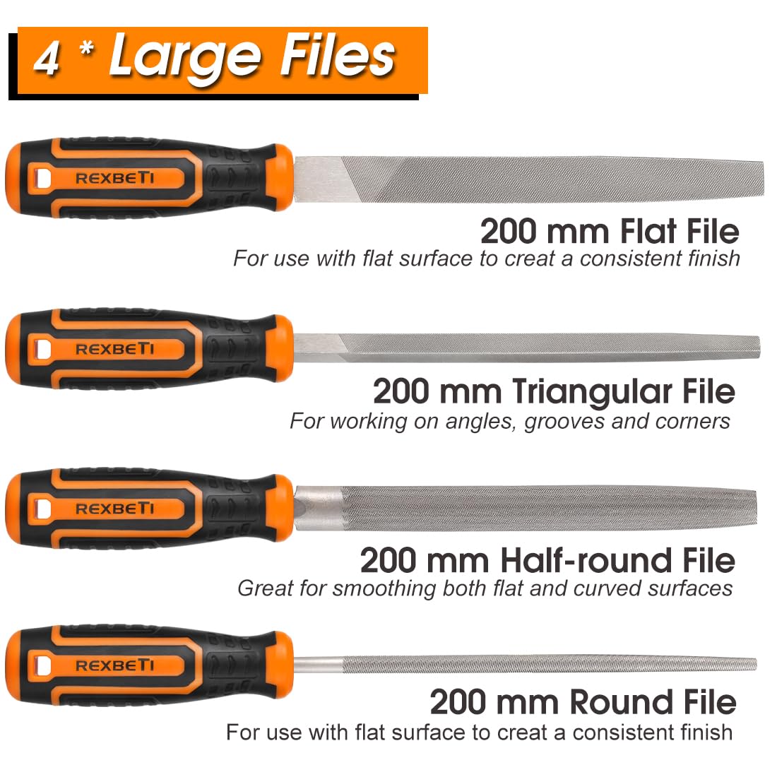 REXBETI 25Pcs Metal File Set, Premium Grade T12 Drop Forged Alloy Steel, Flat/Triangle/Half-round/Round Large File and 12pcs Needle Files with Carry Case, 6pcs Sandpaper, Brush, A Pair Working Gloves