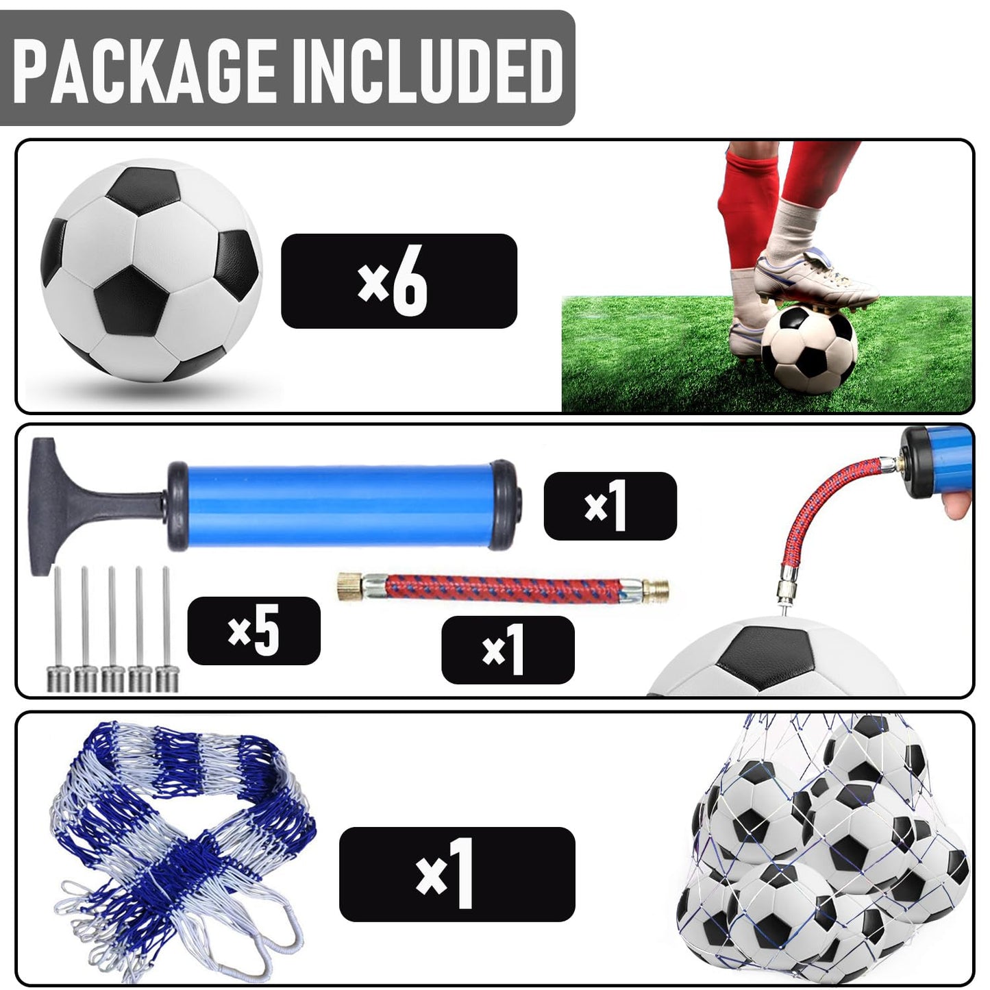 DHYLRICHER 6 Pack Official Size 5 Soccer Balls Sports Soccer Balls of Synthetic Leather,Includes Ball Pump and Net Bag, Competition Traditional Soccer Ballsfor Indoor Outdoor