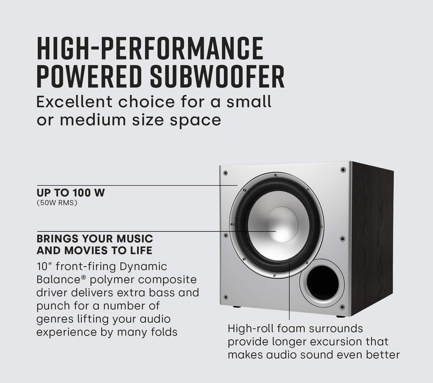 Polk Audio PSW10 10" Powered Subwoofer Home Audio – Power Port Tech, Up to 100 Watts, Big Bass in Compact Design, Easy Setup with Home Theater, Timbre-Matched with Monitor & T-Series Polk Speakers