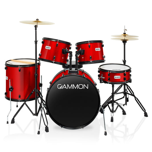 Gammon Percussion Full Size Complete Adult 5-Piece Drum Set with Cymbals, Stands, Stool, and Sticks - Red