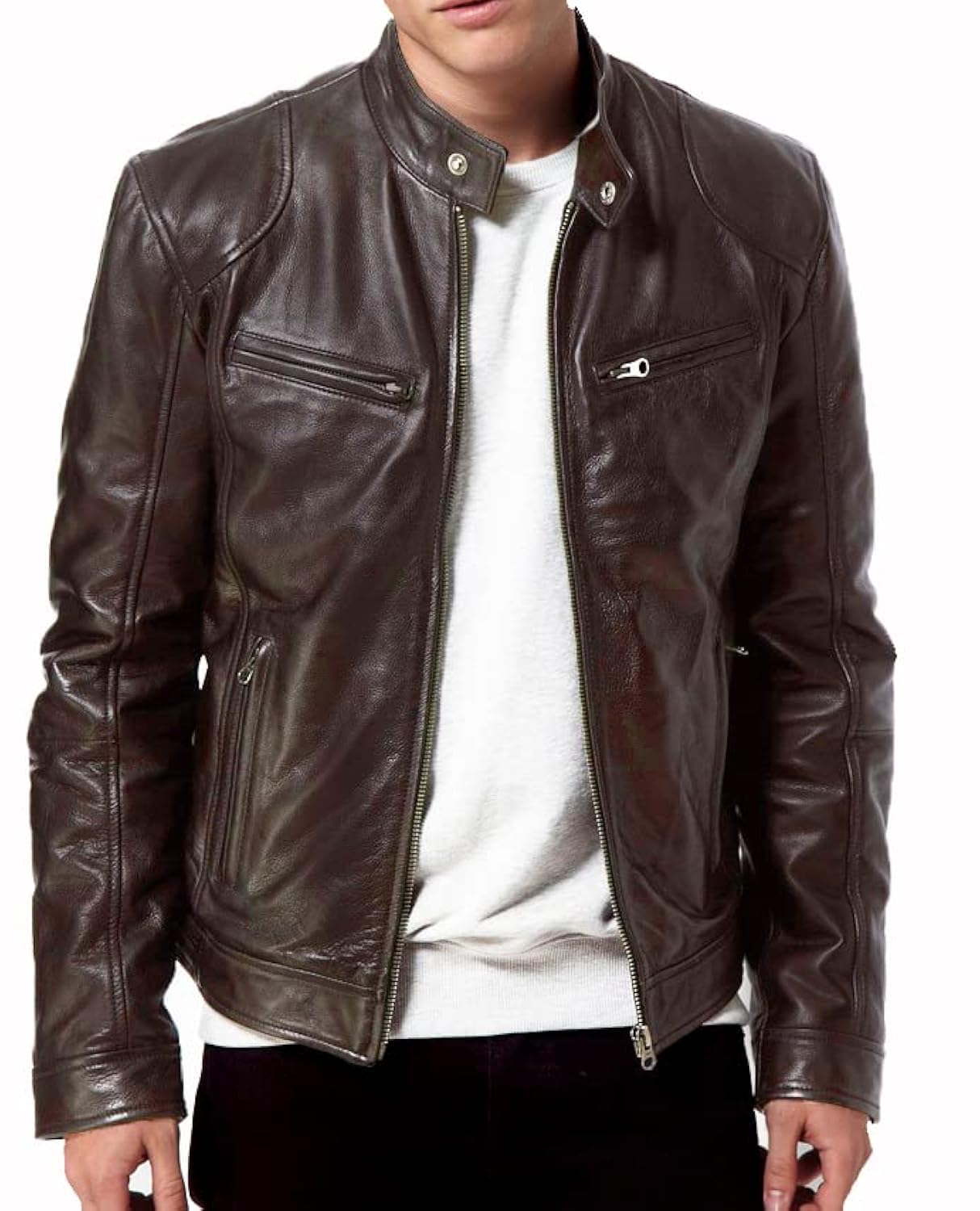 DECIMAL Men's Black Genuine Lambskin Leather Biker Jacket VINTAGE REAL BROWN MOTORCYCLE JACKETS FOR MEN