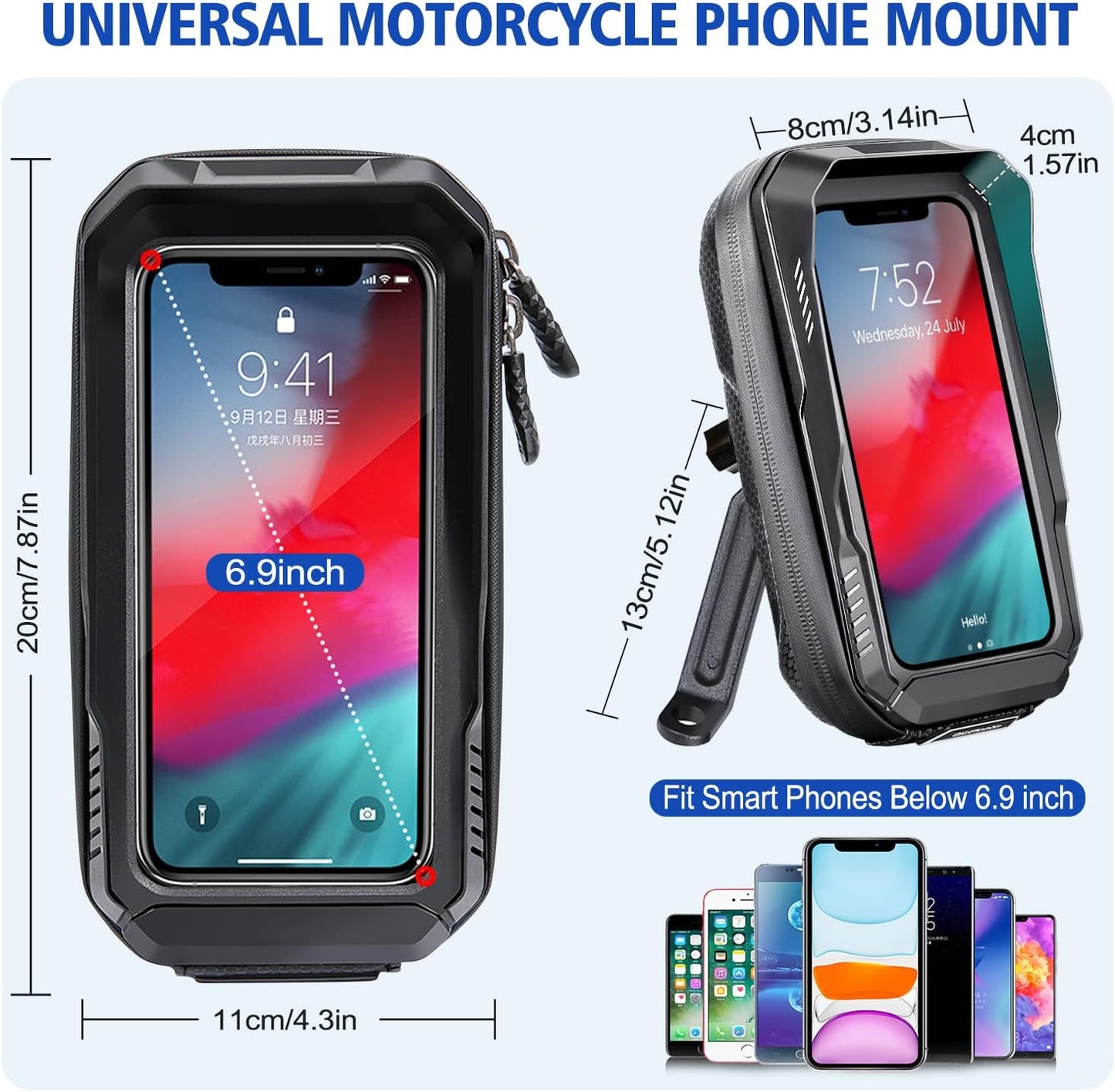 BKNOOU Motorcycle Phone Holder Waterproof Motorcycle Cell Phone Mount 360°Rotation Anti-Shake Upgrade Sun Visor Rain Cover Rearview Mirror Phone Holder Motorbike for Smartphone 4.5" to 6.9"