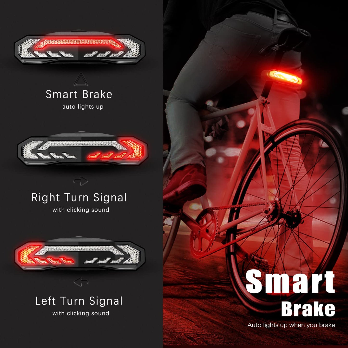 WSDCAM Smart Bike Light with Turn Signals, Brake Light, and Alarm Horn - Auto ON/Off Rechargeable Waterproof Rear Bicycle Tail Light with Remote
