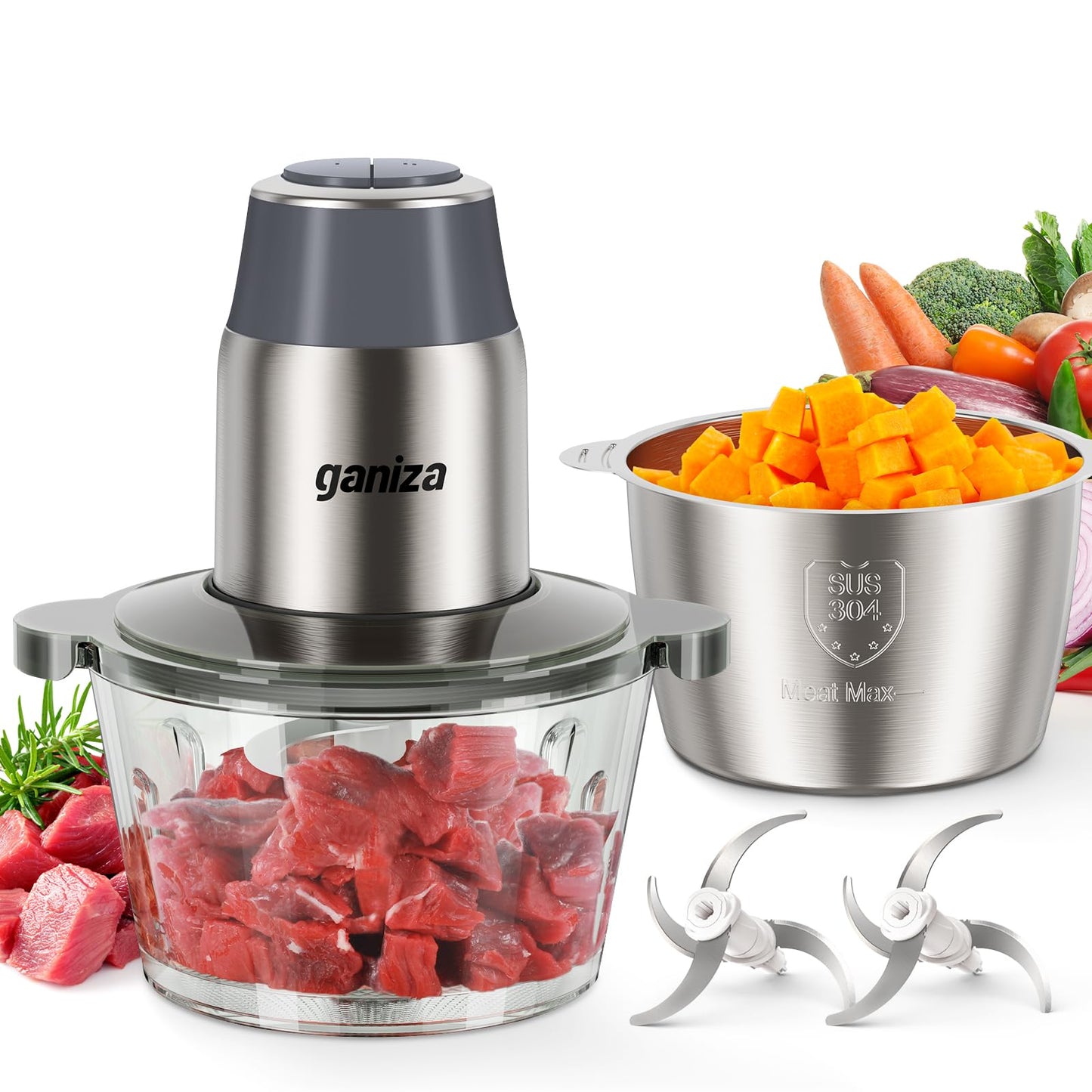 GANIZA Food Processors, Electric Food Chopper with Meat Grinder & Vegetable Chopper - 2 Bowls (8 Cup+8 Cup) with Powerful 450W Copper Motor - Includes 2 Sets of Bi-Level Blades for Fruits/Meat/Nuts