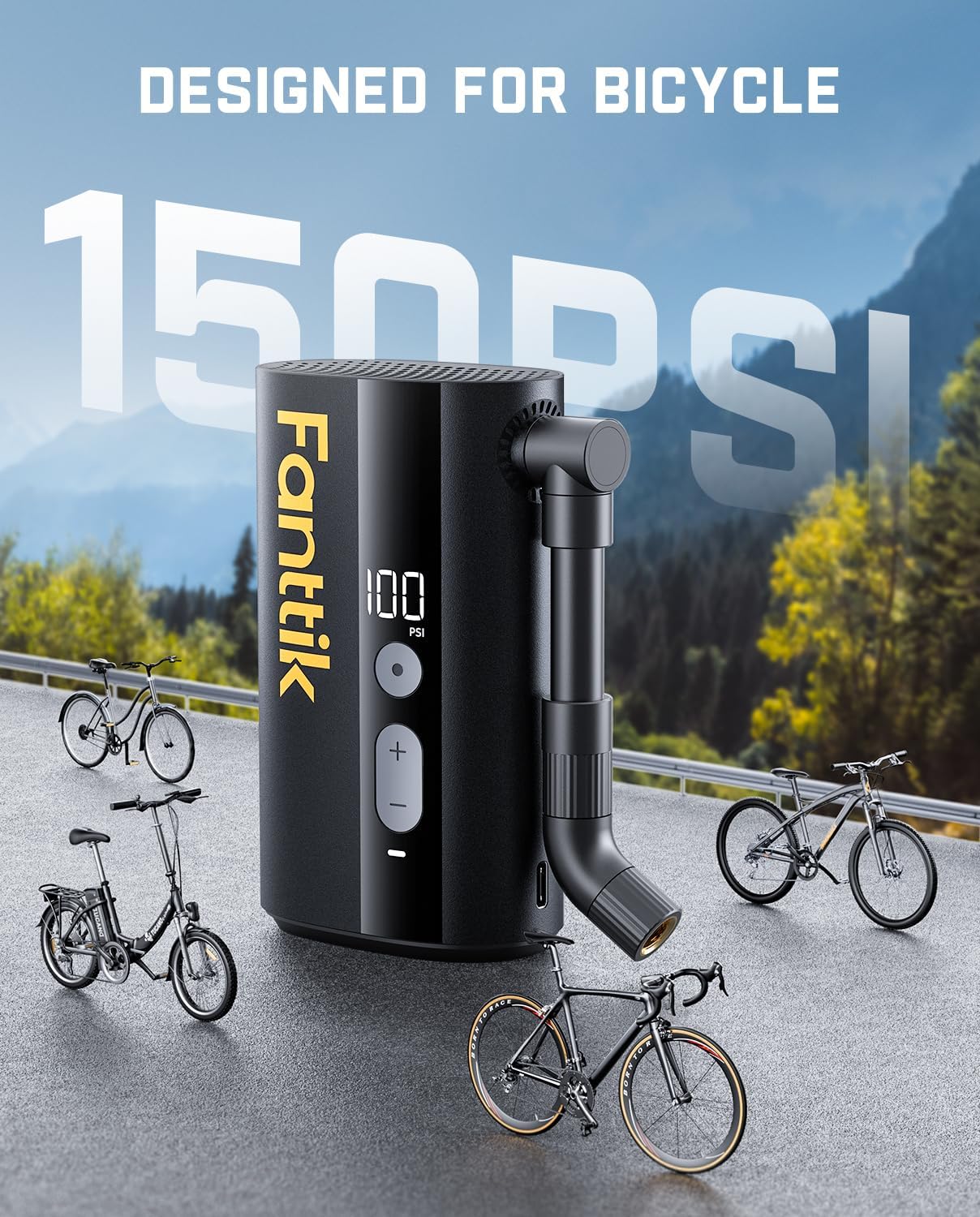Fanttik X9 Ace Mini Bike Tire Pump, 32s Fast Inflate Bike Pump with Gauge, 150PSI Electric Air Pump with Presta and Schrader Valve, Suitable for Road Bike, Mountain Bike, E-Bike