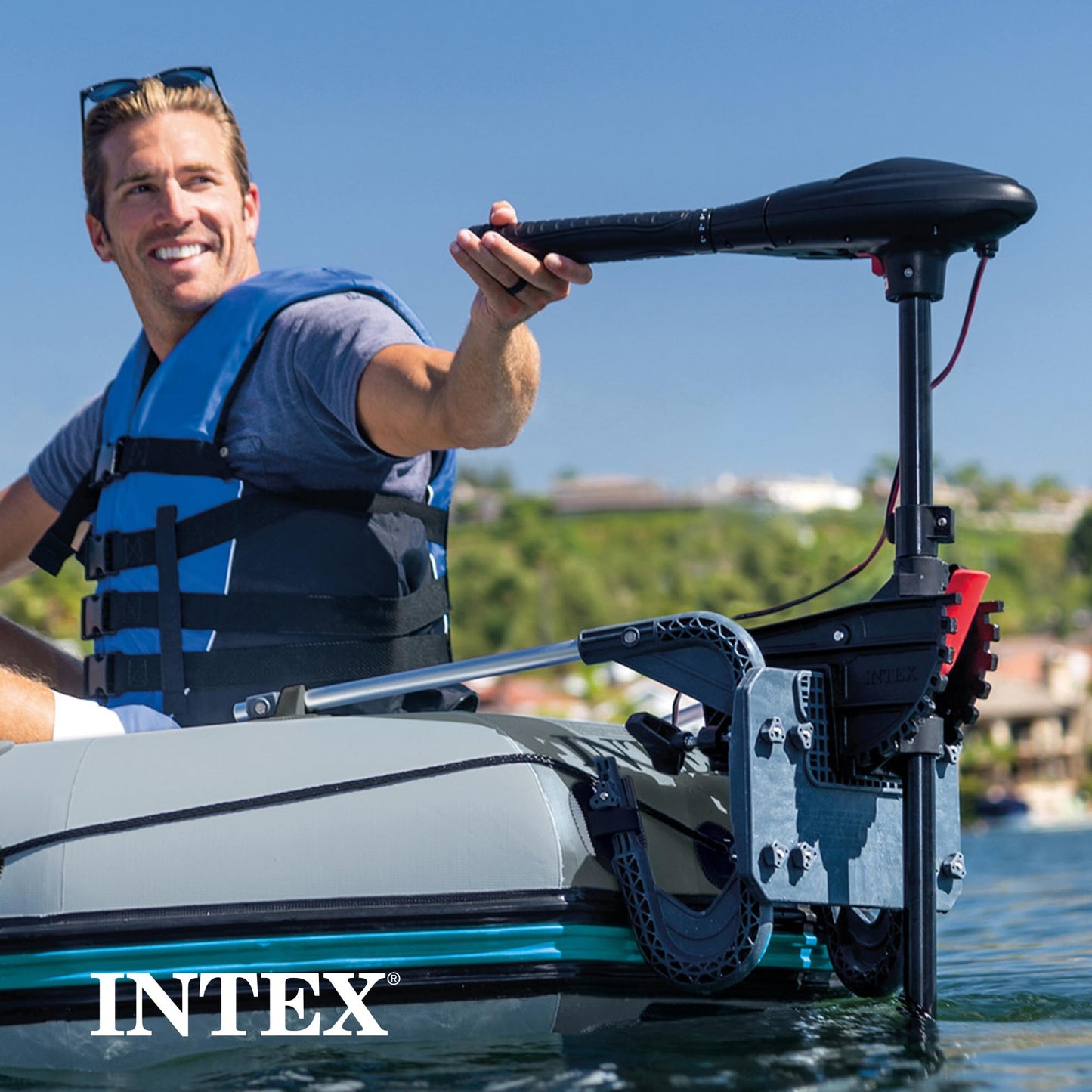 Intex Excursion 5 Person Inflatable Boat Set with 2 Aluminum Oars and Pump, Intex 12V Transom Mount Boat Trolling, and Motor Mount Kit