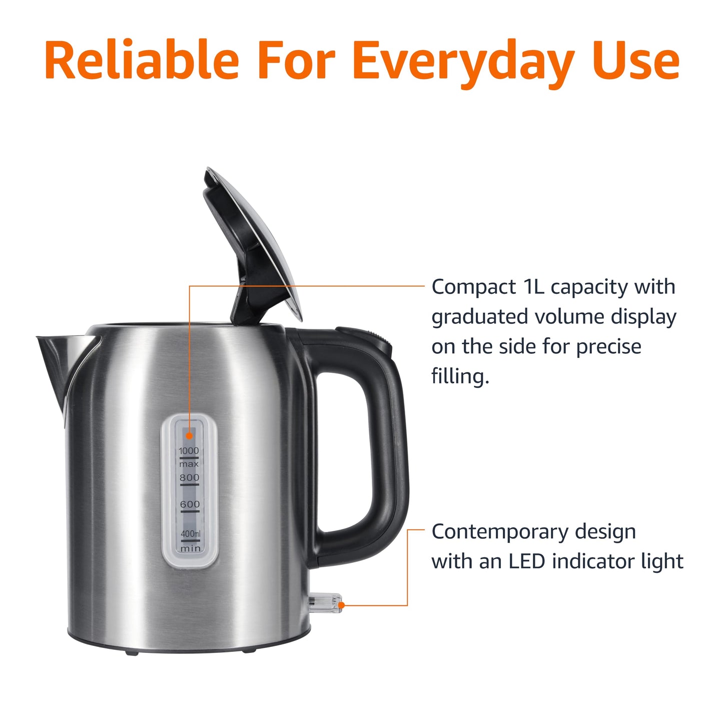 Amazon Basics Electric Kettle, Tea Kettle & Water Boiler with Auto Shut-Off, Boil Dry Protection, Strix Thermostat, BPA-Free, 1500W, 1.1Qt (1L), Stainless Steel, New Model, Black & Silver