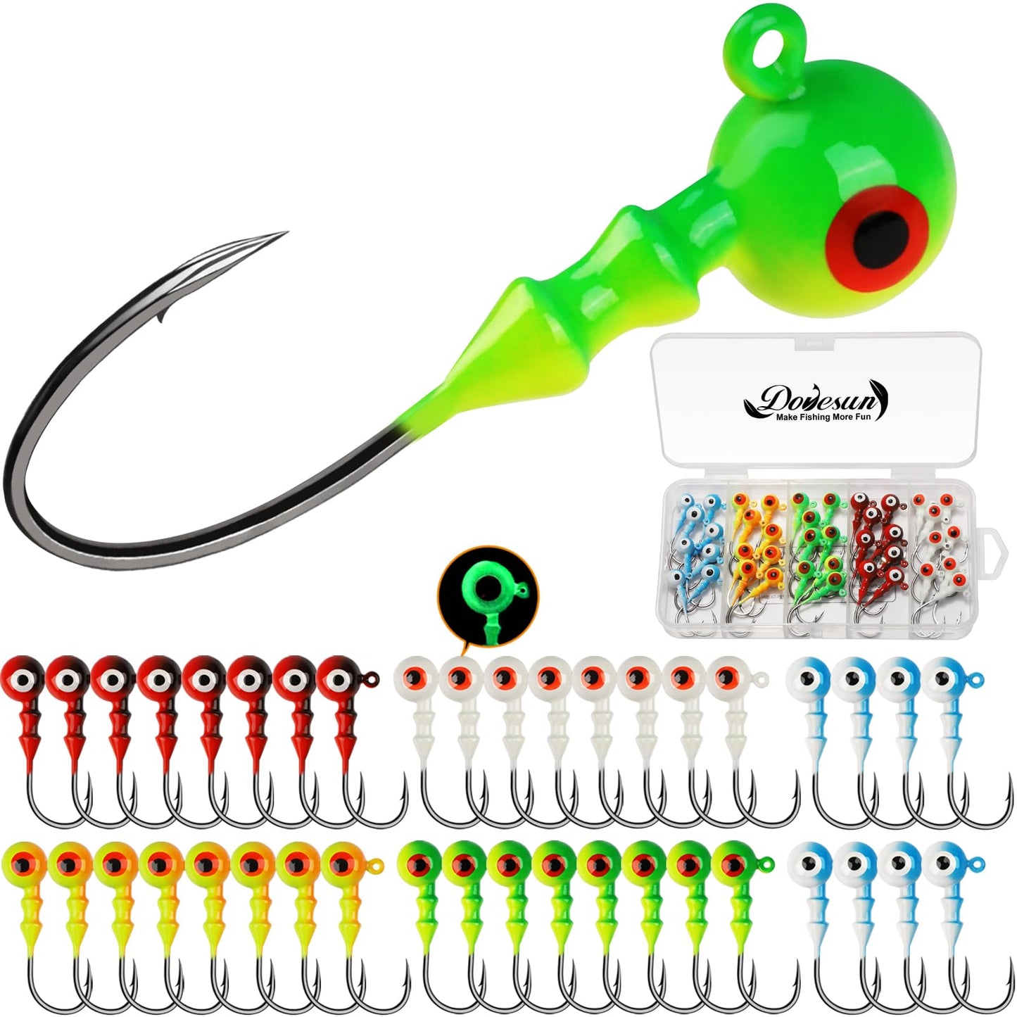 Dovesun Jig Heads for Fishing, Painted Jigheads with 3D Eye Ball Glowing Walleye | Bass | Crappie jigs 1/2oz 3/8oz 1/4oz 1/5oz 1/8oz 1/10oz 1/16oz 1/32oz Fishing Jig Hooks Assortment 15-40pcs
