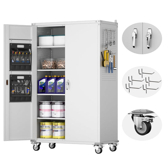 SUXXAN 2025 Upgraded Wide & Deep Garage Storage Cabinet with Wheels, Lockable Metal Storage Cabinet with Pegboards and 9 Hooks, 2 Tool Pouches for Garage,4 Adjustable Shelves
