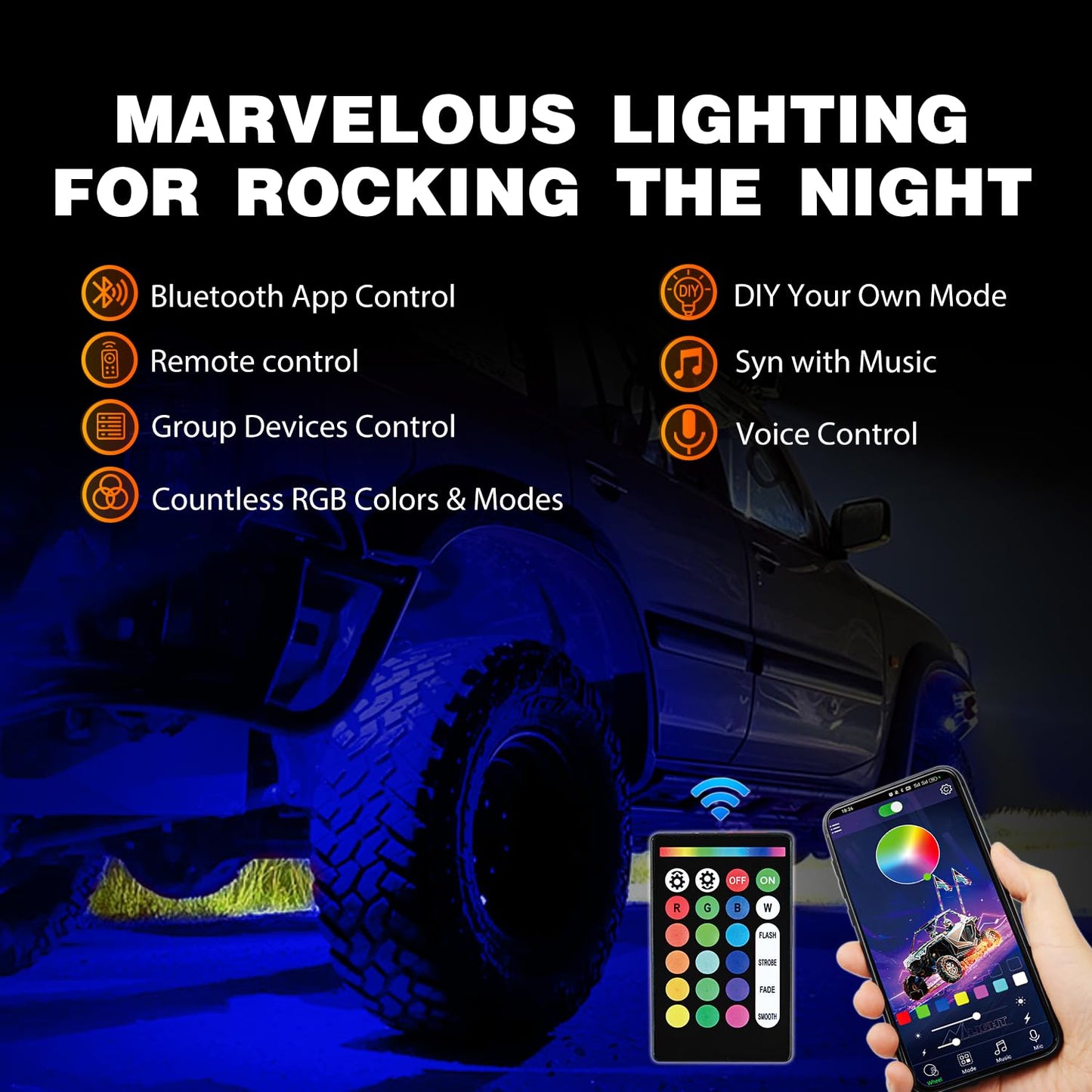 Nilight RGB LED Rock Lights Kit, 4 pods Underglow Multicolor Neon Light Pod with Bluetooth App Control Flashing Music Mode Wheel Well Light for Truck ATV UTV RZR SUV