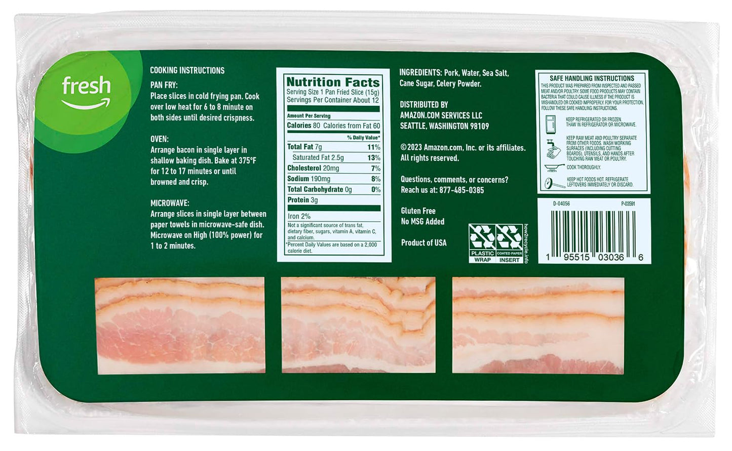 Amazon Fresh, Applewood Smoked Uncured Bacon, 12 Oz (Prop 12 Compliant)