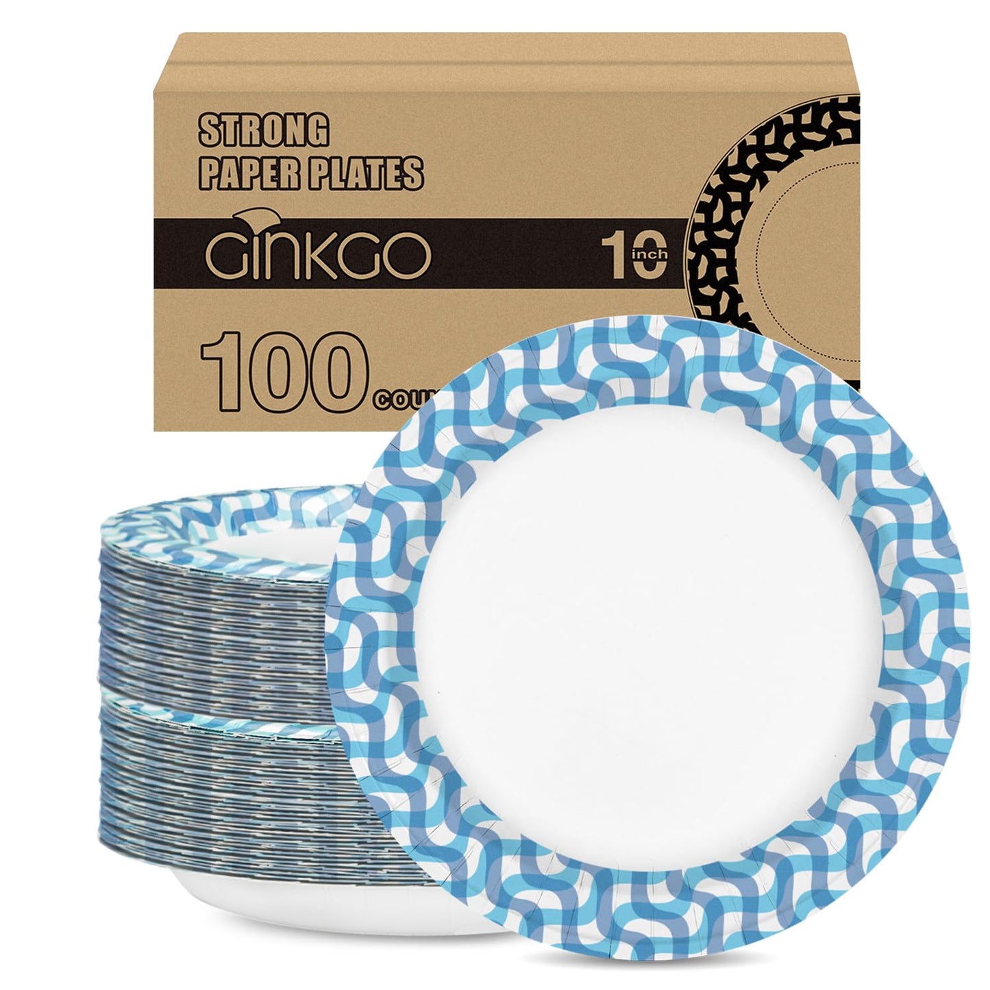 Ginkgo Paper Plates 10 inch Bulk 300 Count, Thickened Disposable Plates Large Heavy Duty Dinner Paper Plates for Holiday, Party, Picnic and Everyday Use