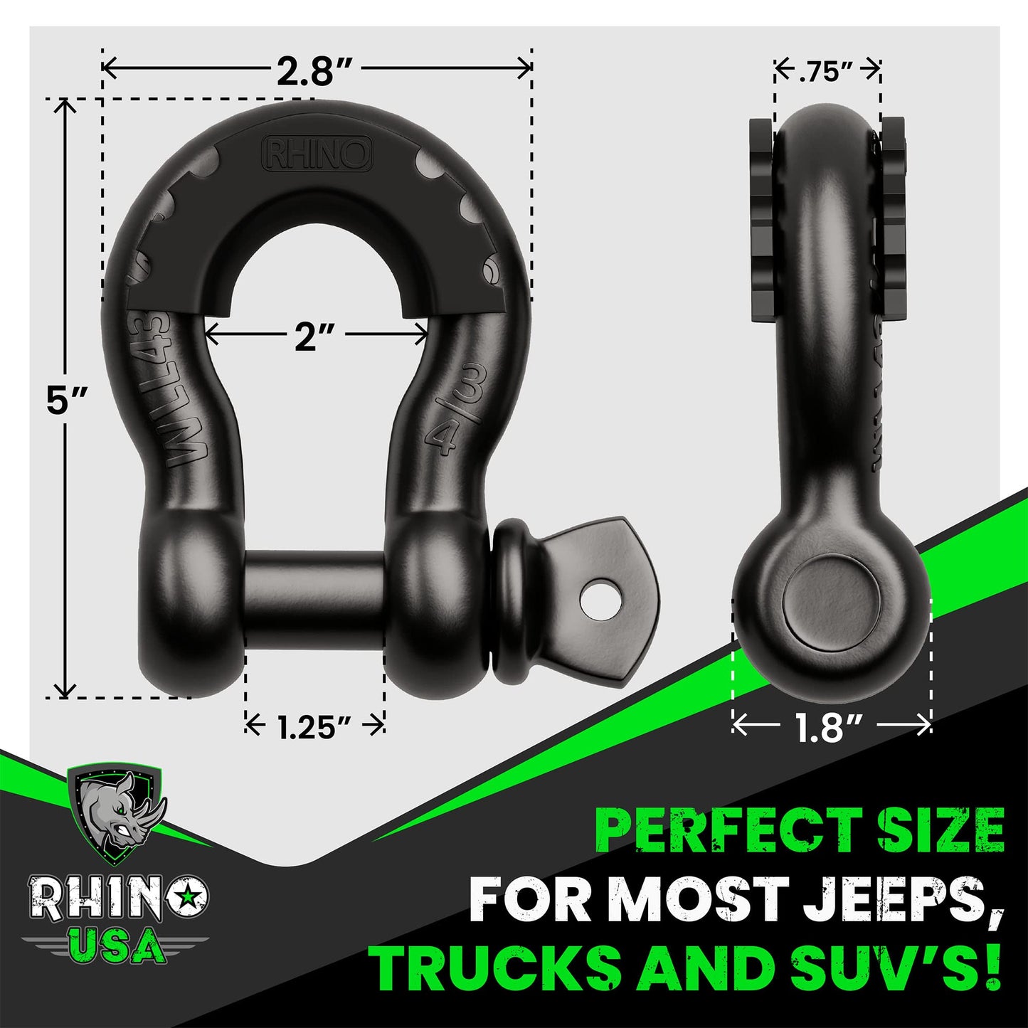 Rhino USA D Ring Shackles (2-Pack) - 41,850lb Break Strength – Heavy Duty 3/4" Clevis Shackle with 7/8 Pin for Towing & Off-Road Use - Pairs with Tow Strap for Vehicle Recovery (Black)