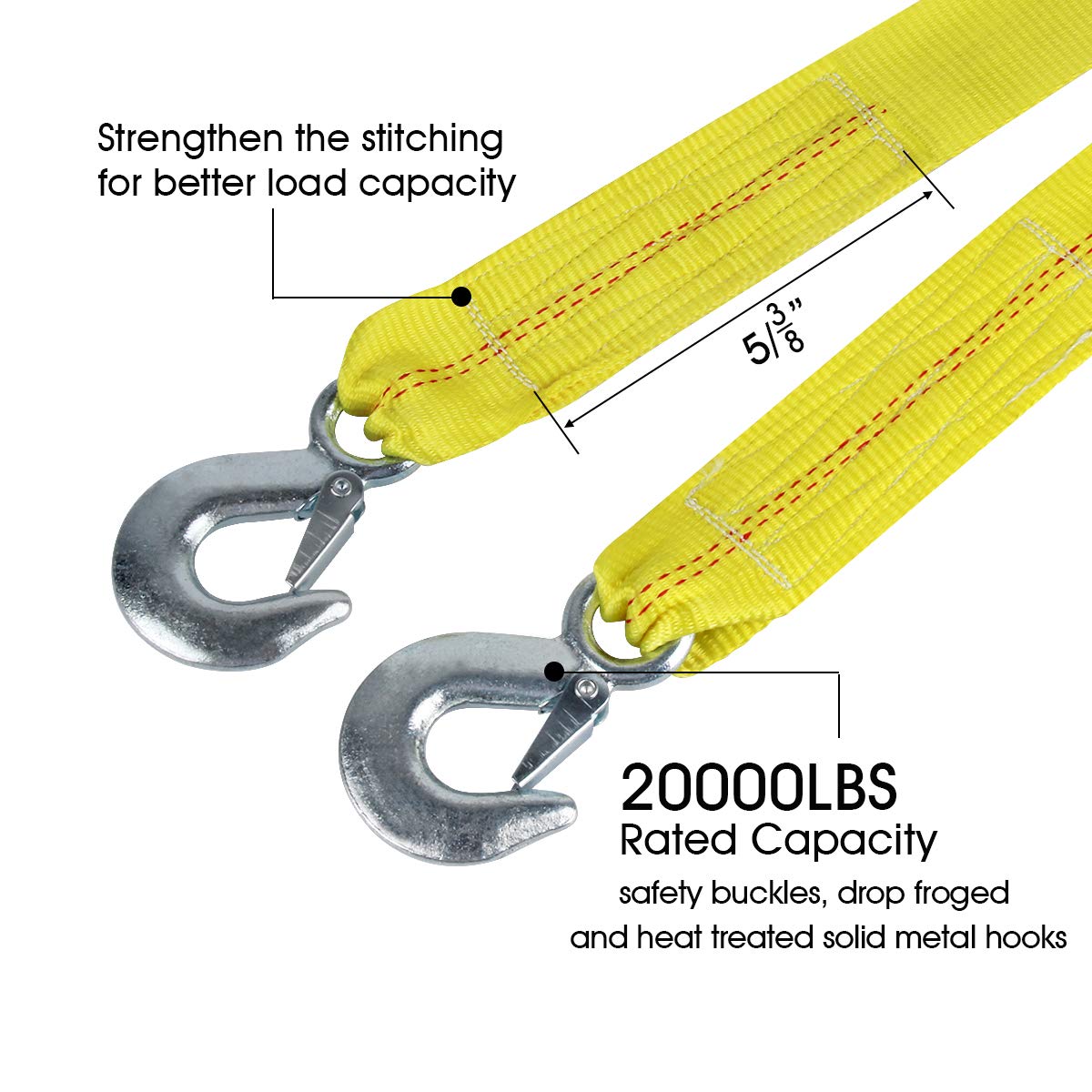 Tow Strap with Hooks 2in X20Ft Recovery Strap 10,000LB Break Strengthened Towing Rope for Towing Vehicles in Roadside Emergency