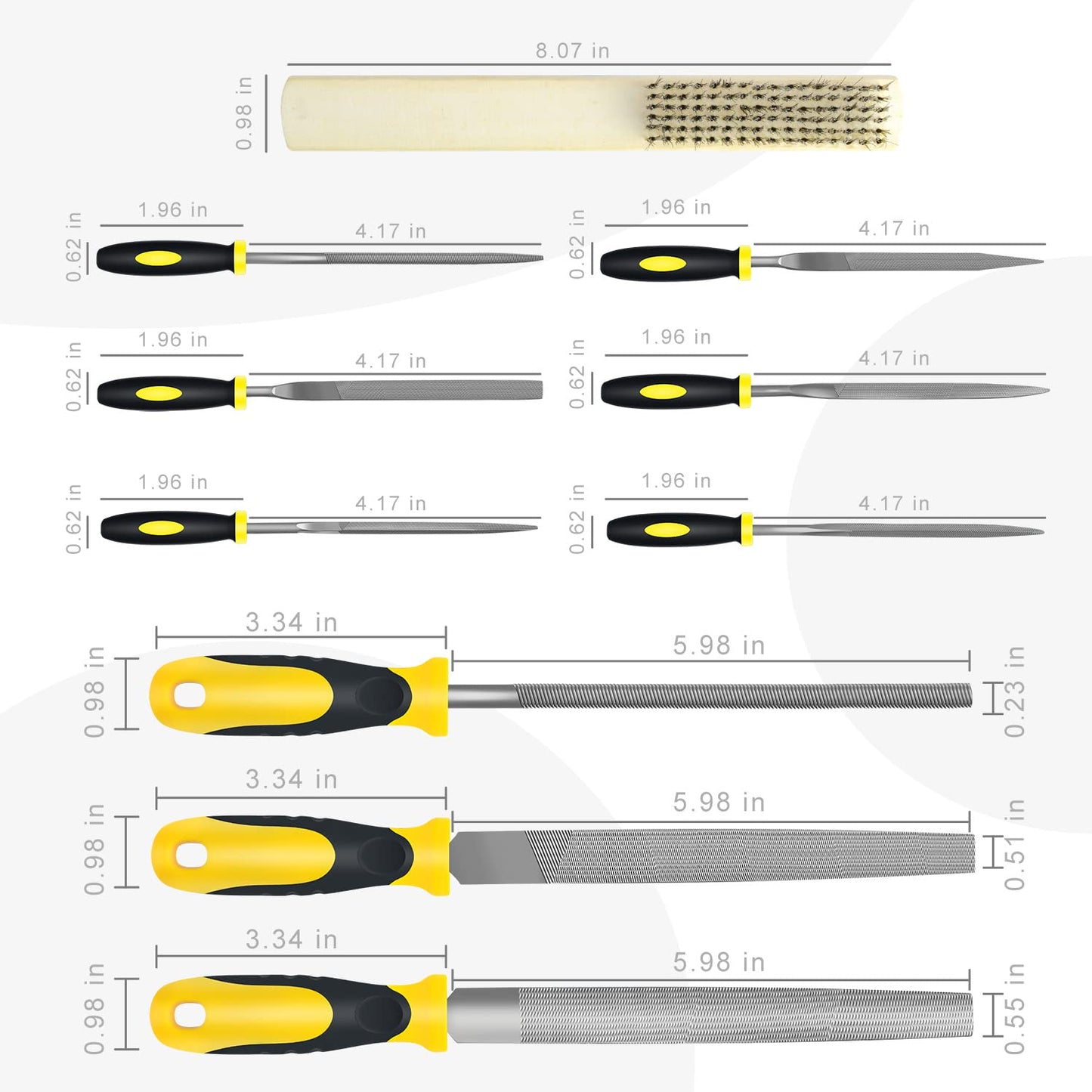 6-Piece Metal Needle File Set - Hardened Alloy Steel Includes Flat, Warding, Square, Triangular, Round, and Half-Round Files
