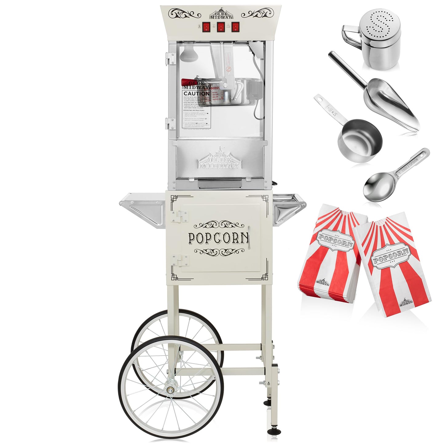 Olde Midway Movie Theater-Style Popcorn Machine Maker with Cart and 10-Ounce Kettle - Red, Vintage-Style Popper on Wheels