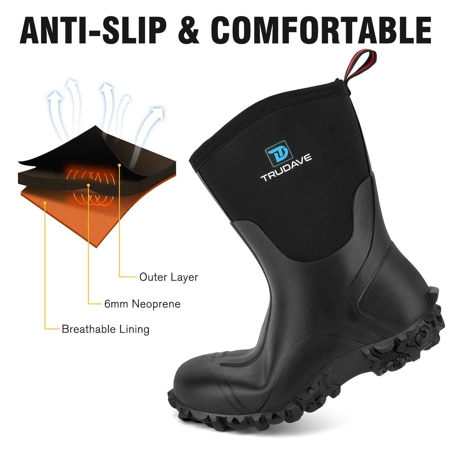 Rubber Boots for Women with Steel Shank, 6mm Neoprene Mid Calf Rain Boots, Waterproof Insulated Mud Work Boots All Season, Size 5-11