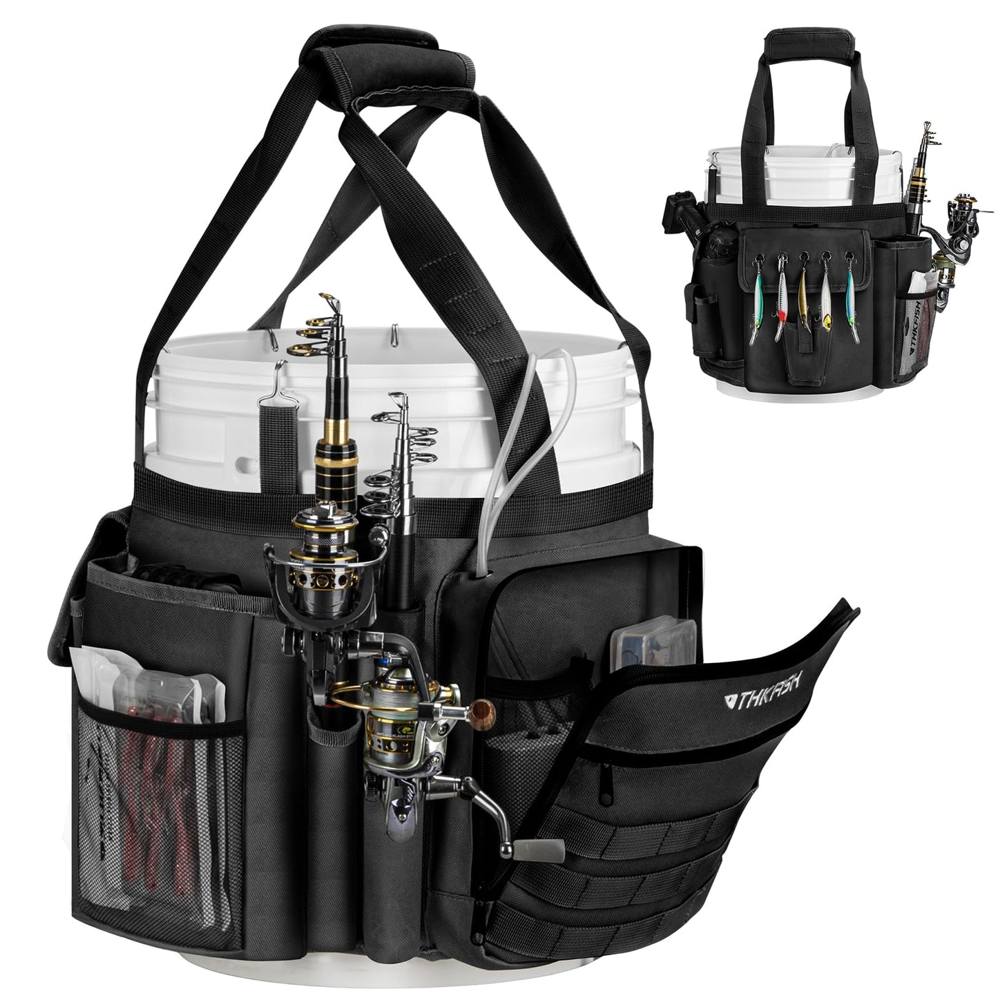THKFISH Fishing Bucket Organizer for 5 Gallon Bucket, Ice Fishing Bucket Bag with Rod & Plier Holder, Adjustable Fish Protection Bucket Bag with Multi-Pockets for Fishing Gear