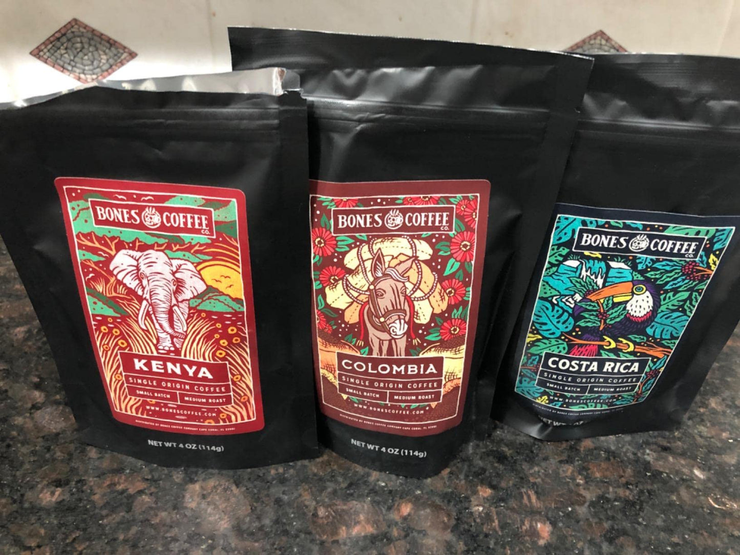 Bones Coffee Company World Tour Coffee Gift Set, 5 Packs Flavored Coffee, Medium Roast Low Acid, 4 Oz Ground
