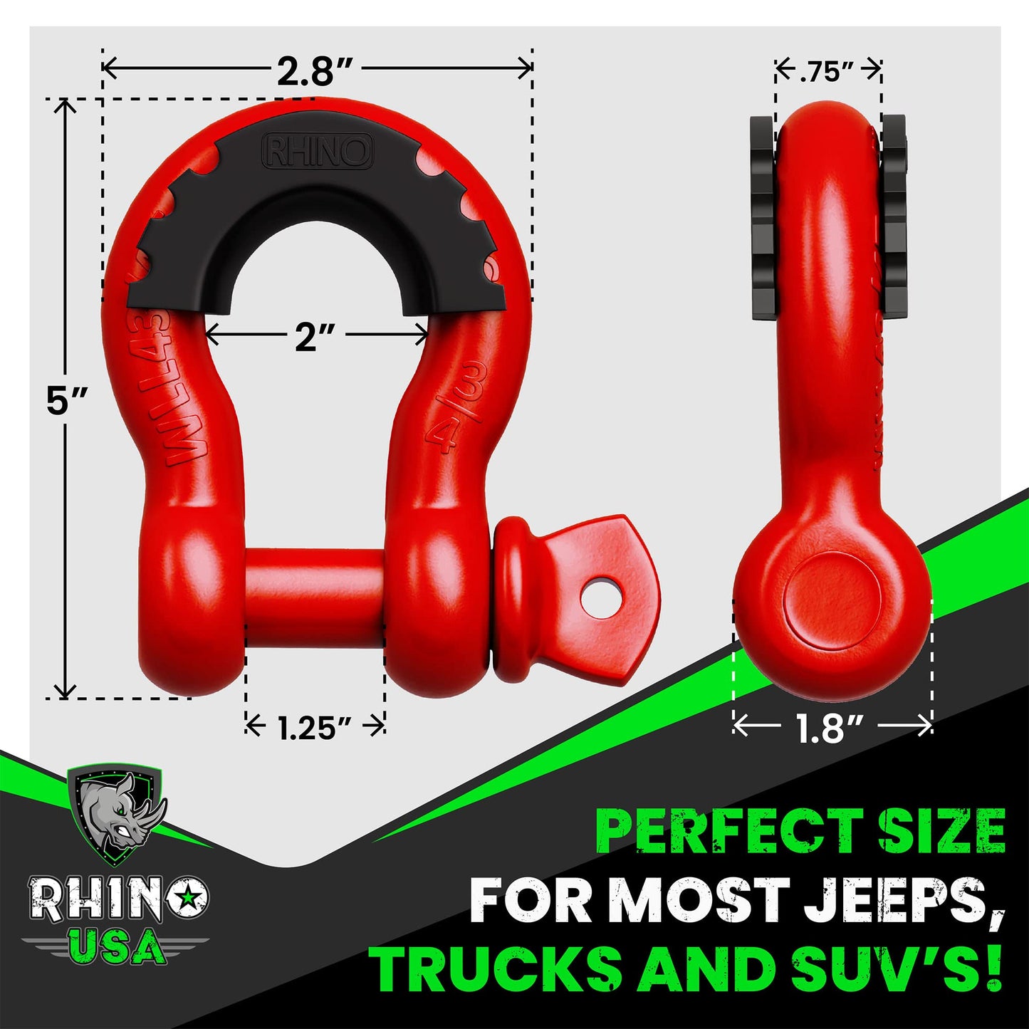 Rhino USA D Ring Shackles (2-Pack) - 41,850lb Break Strength – Heavy Duty 3/4" Clevis Shackle with 7/8 Pin for Towing & Off-Road Use - Pairs with Tow Strap for Vehicle Recovery (Black)