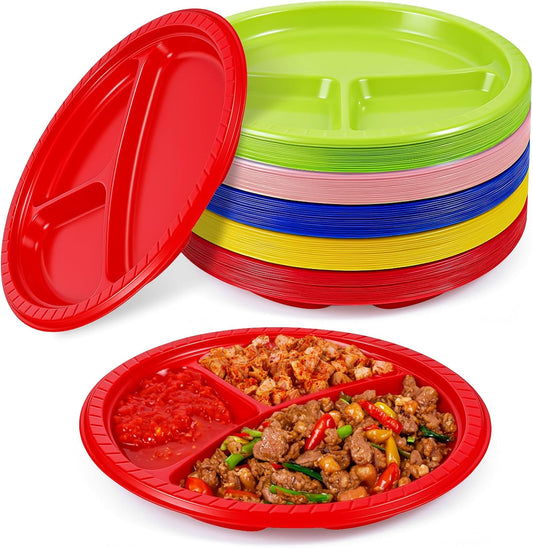 100 Pieces 3 Compartments Divided Plastic Party Plates, 5 Colors 10 Inch Round Dinner Plate Colorful Disposable Plastic Plates with Dividers for Valentine's Day Wedding Birthday Party Dinner Lunch